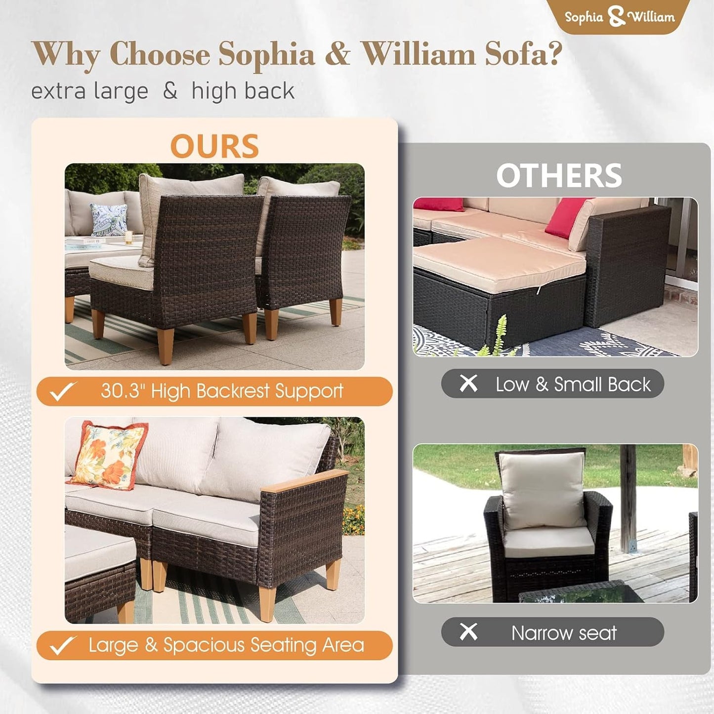 Sophia & William Outdoor Patio Furniture Set High Back Wicker Sofa Chairs All-Weather Patio Conversation Set Couch with Clips & 4" Thick Cushions, Beige