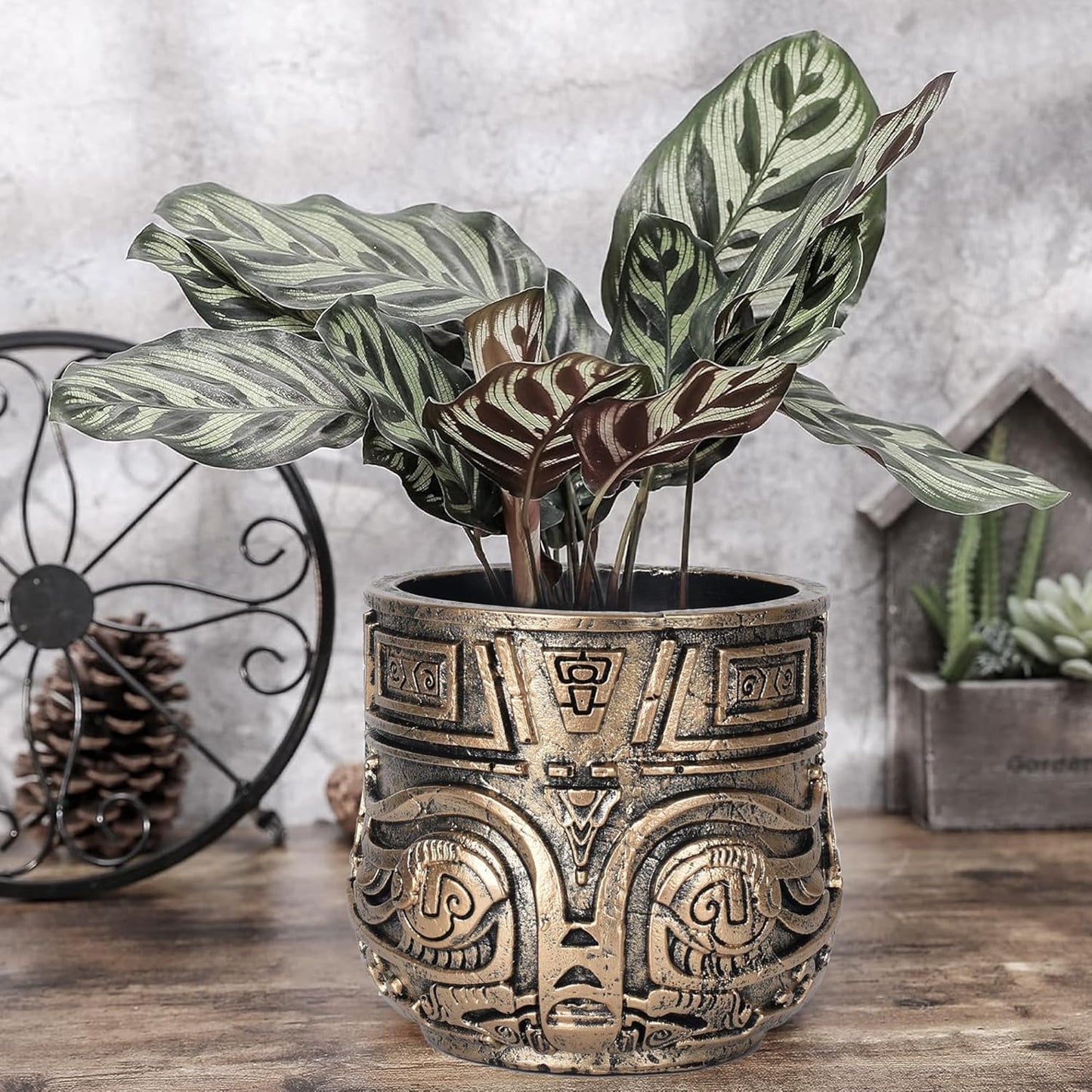 Tribal Vintage Face Planter,Lightweight Unique Plant Pots with Drainage,Eclectic Small Succulent Flower Planters Pots for Outdoor&Indoor Plants,Funny Garden Pot for Room Decor(5.5in,Gold)