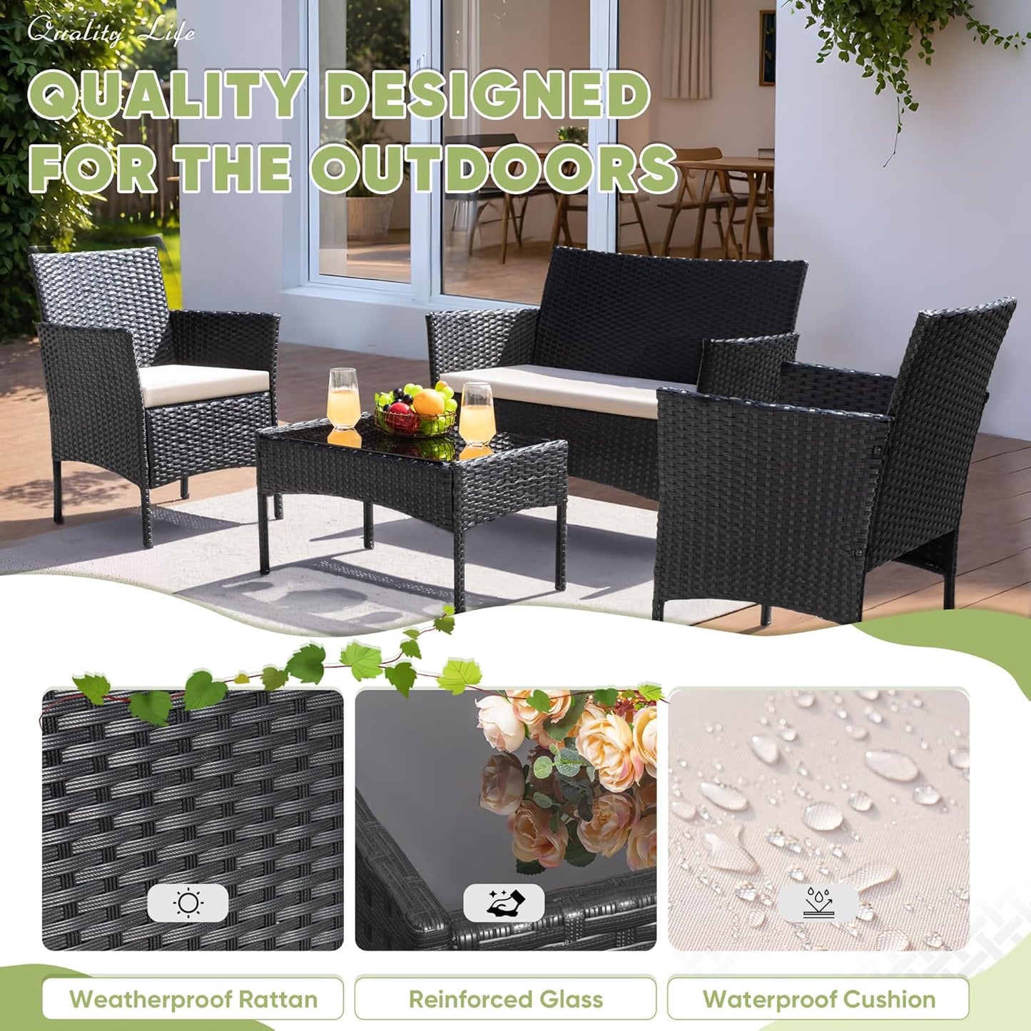 Greesum Patio Furniture 4 Pieces Conversation Sets Outdoor Wicker Rattan Chairs Garden Backyard Balcony Porch Poolside loveseat with Cushion and Glass Table, Black and Beige
