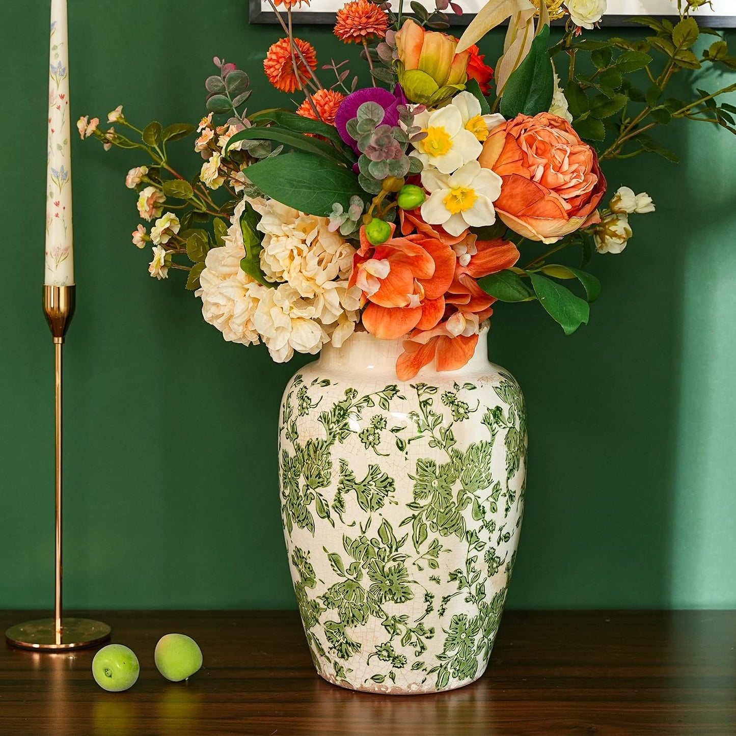 Sungmor Ceramic Flower Vase, Vintage Ice Cracked Glaze Porcelain Vase, Pretty Home Decor Vase for Flower Arrangement, Fresh Flowers, 10.2 Inch Tall Chinoiserie Pottery Vase, Green Floral Pattern