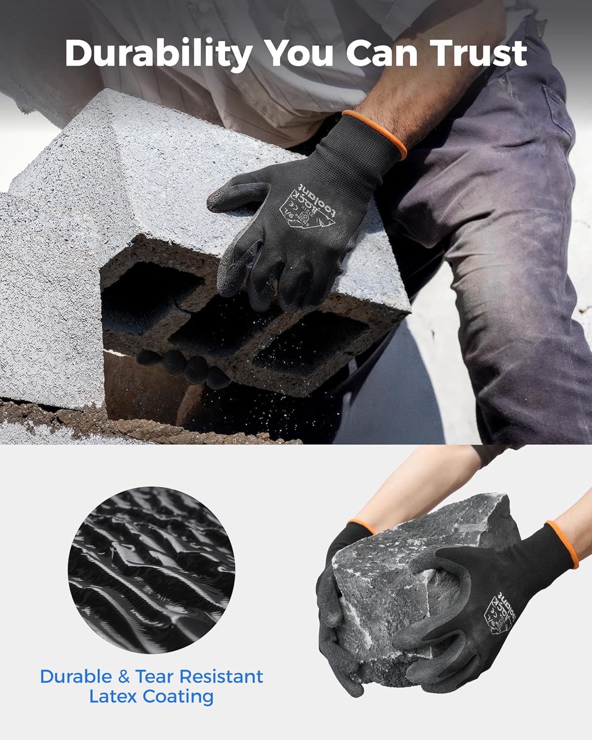 toolant Crinkle Latex Work Gloves Bulk, Rubber Coated Safety Work Gloves for Men and Women, 12 Pairs for Construction, Gardening, Warehouse (Black, XL)