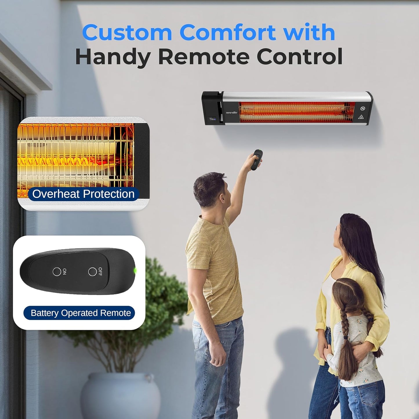 SereneLife Infrared Patio Heater, Wall-Mounted Electric Heater with Remote, 1500W, IP65 Approved, Odorless, Indoor/Outdoor for Patio, Restaurant, Backyard, Garage, Decks