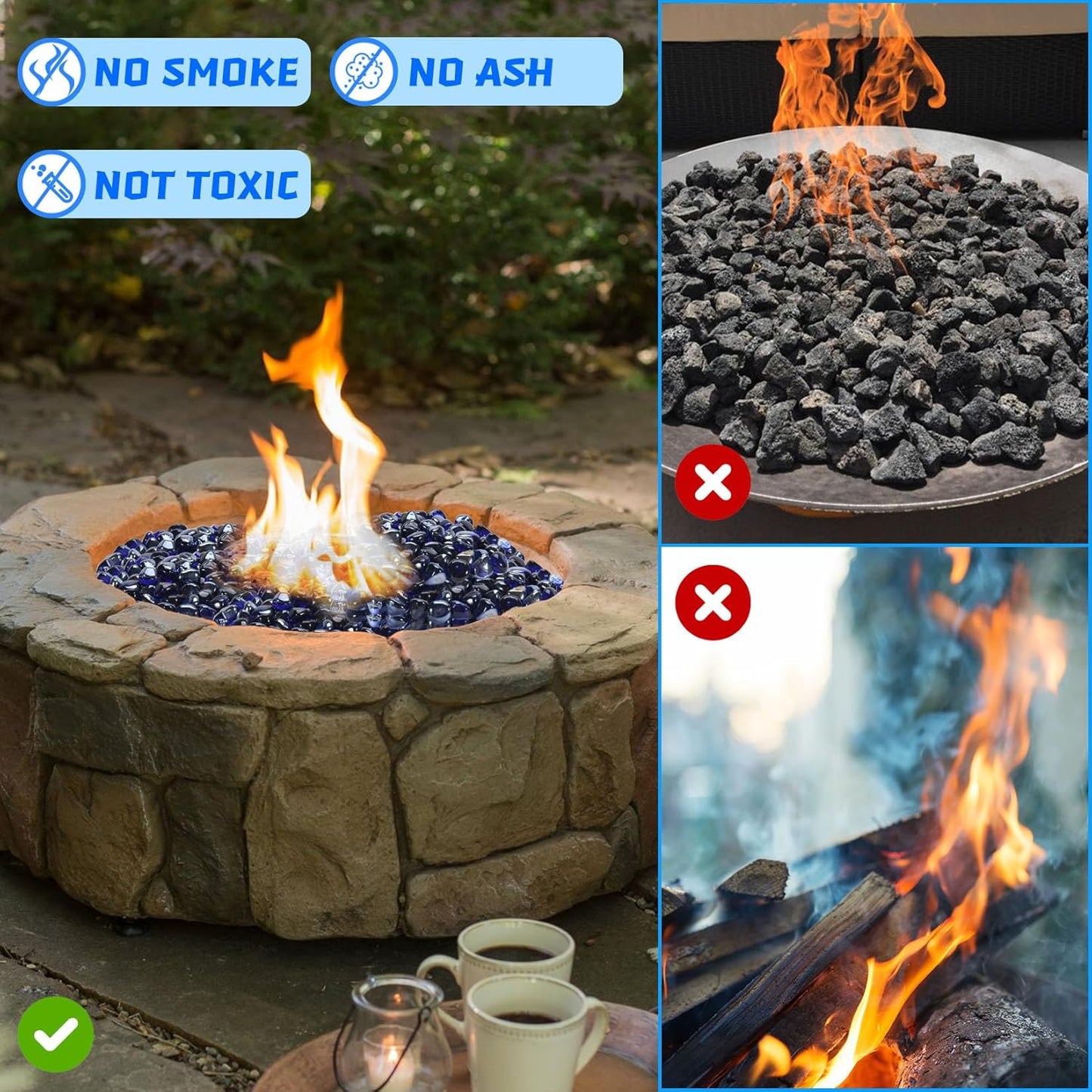 Fire Glass for Propane Fire Pit, Fireplace and Outdoor Decoration, Cobalt Blue Firepit Rocks 20 Pounds, High Luster 1 Inch Diamond Glass Beads