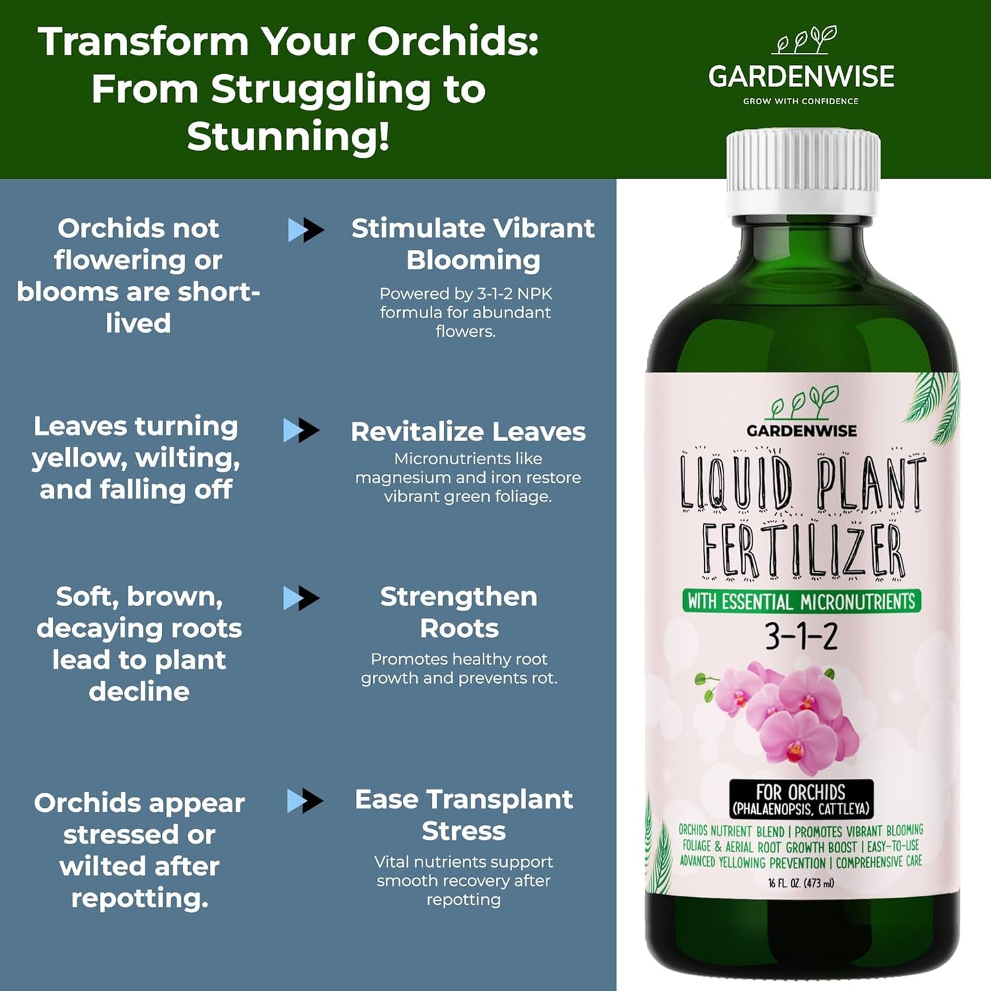 Liquid Orchid Fertilizer Concentrate 3-1-2 with Micronutrients Orchid Care Made Easy (32 OZ)