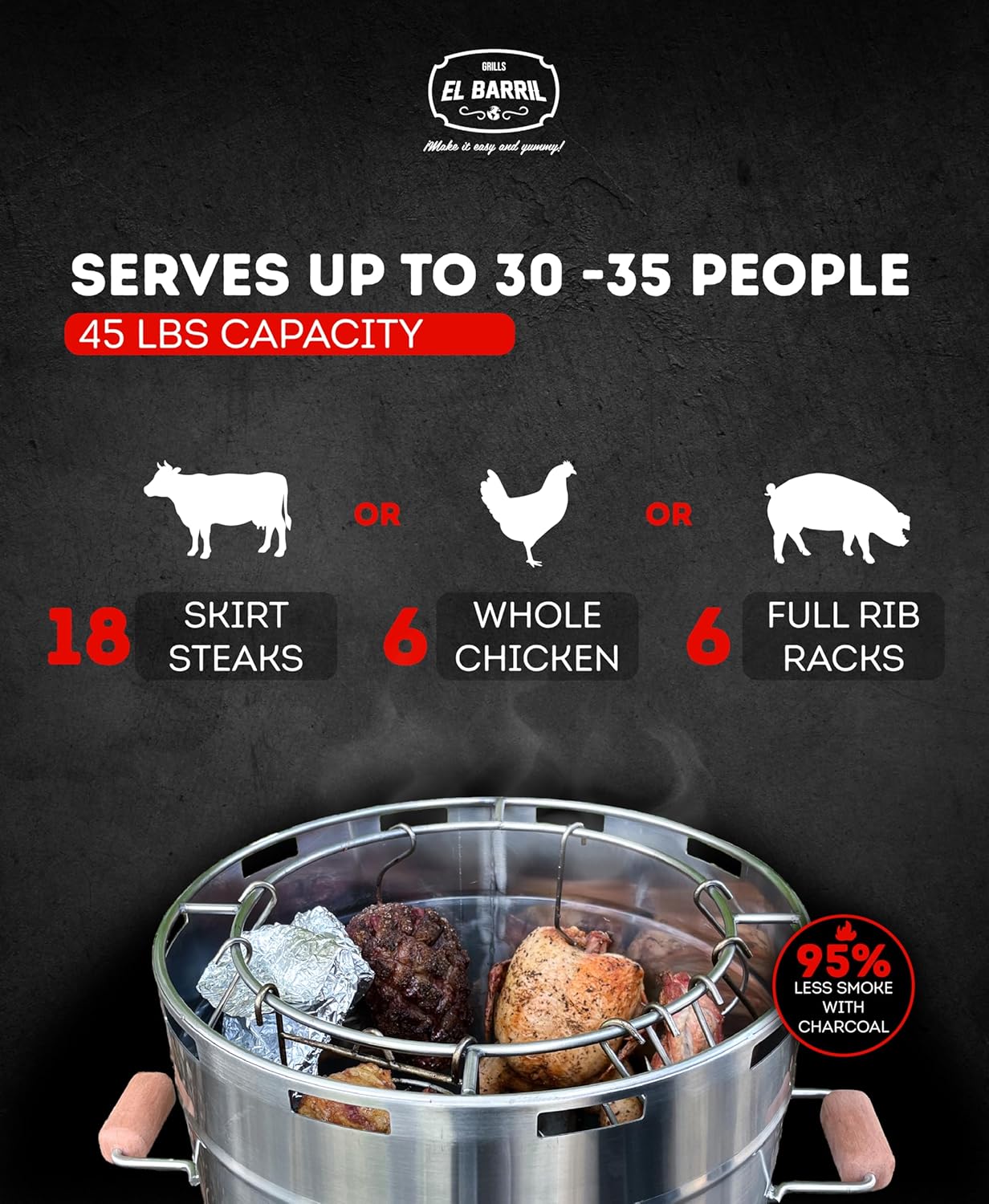 El Barril Lite Large Barrel Smoker Grill, Stainless Steel 430, 45 lb Capacity, 14 Meat Hooks, Upper Grill and Handler, Outdoor Vertical Charcoal BBQ (Lite 45LBS Large)