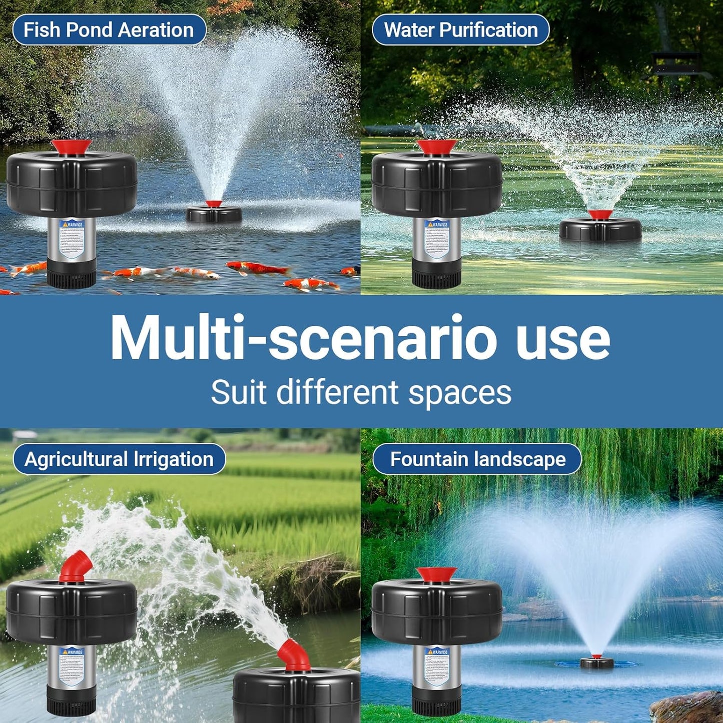 Floating Pond Fountain Aerator, 15AWG 100FT Power Cord, 1HP 15000 GPH Stainless Steel Large Pump Lake Water Fountains with Timer - 110V 750W