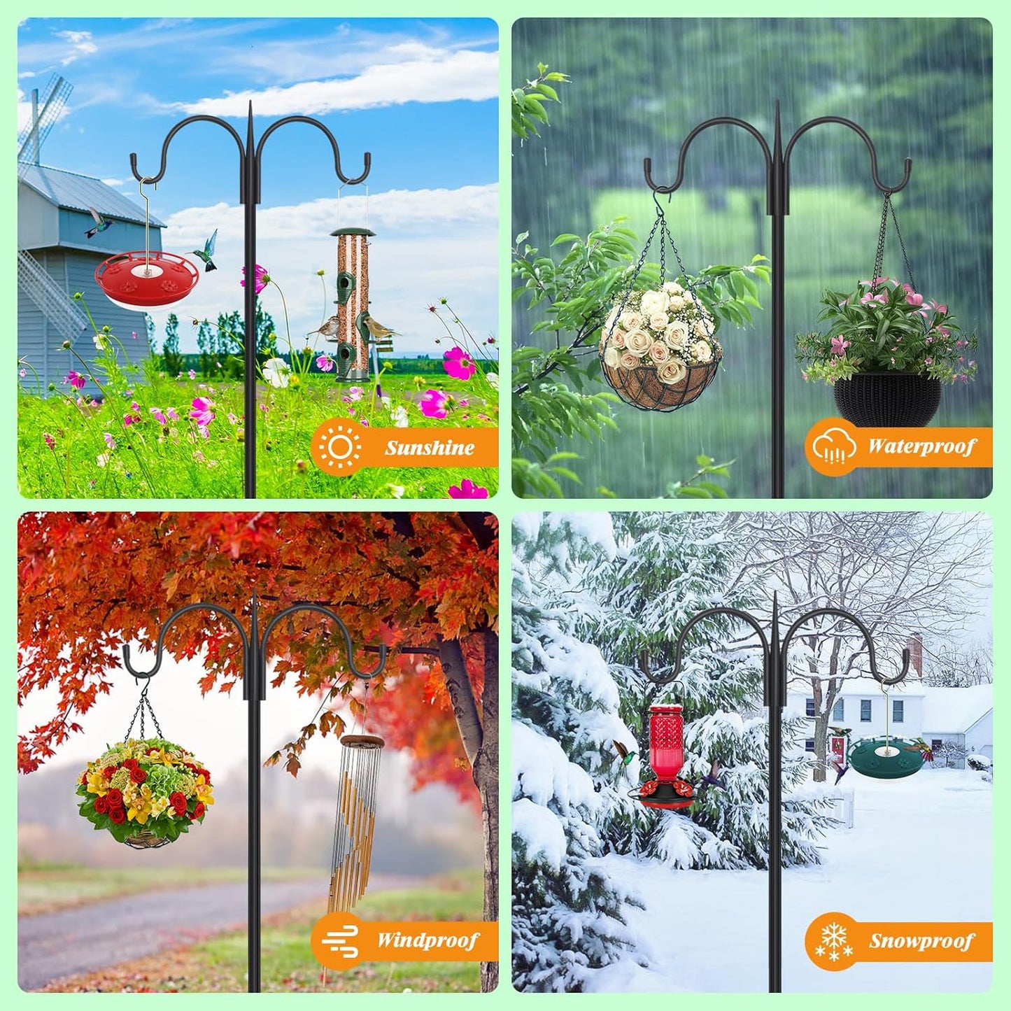 FEED GARDEN Adjustable Double Shepherds Hook for Outdoor with 5 Prong Base 92 Inch Heavy Duty Two Sided Bird Feeder Pole for Hanging Plant Baskets, Solar Light Lanterns, Wind Chimes 2 Pack