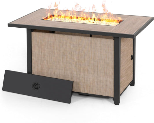 Nuu Garden 43" Propane Fire Pit Table, CSA-Listed Outdoor 50,000 BTU Gas with Lid and Glass Beads, 2-in-1 Rectangular for Outside Backyard Patio, Light Brown