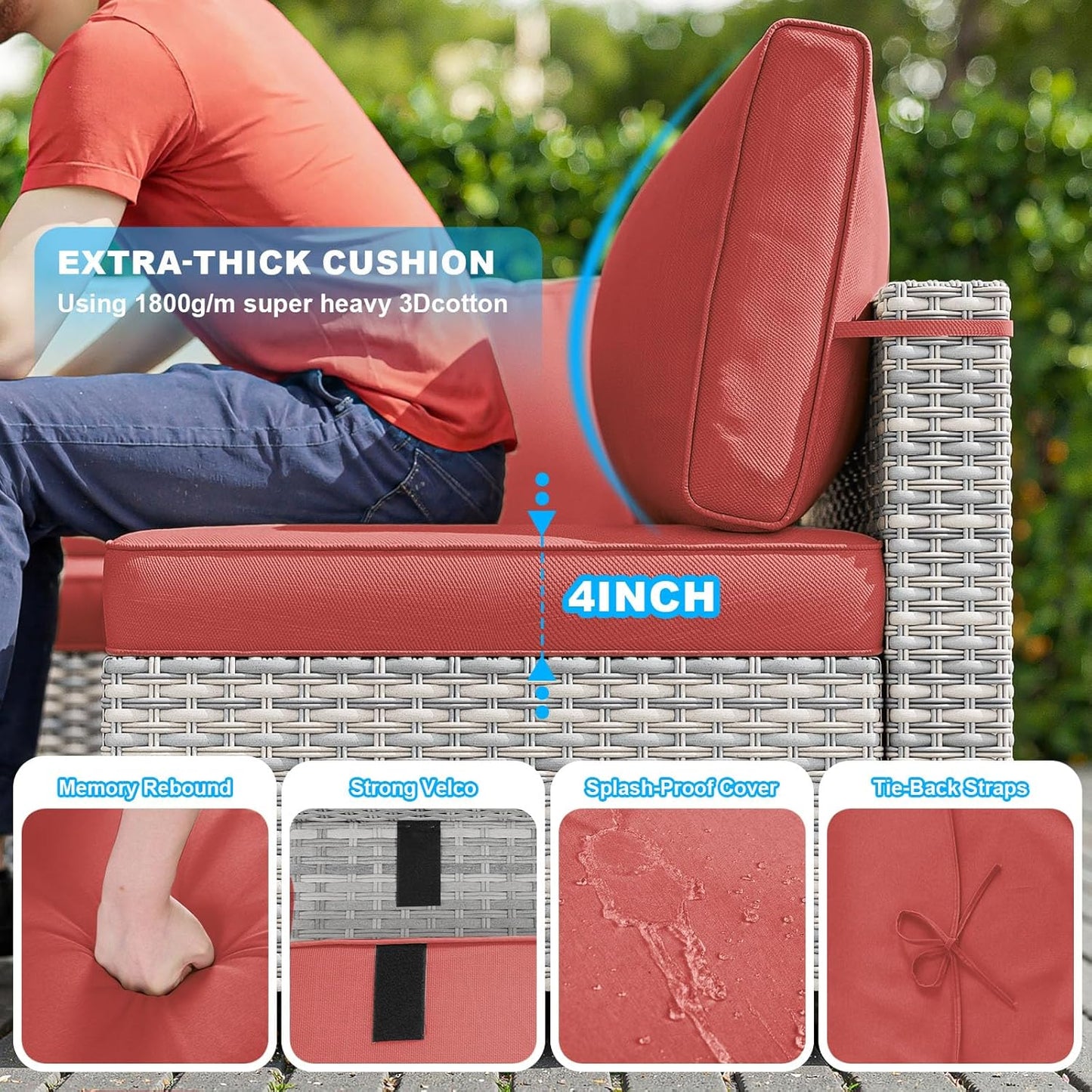 8-Piece Patio Furniture Set, Outdoor Patio Furniture with 55,000 BTU Fire Pit Table, Thick Cushions, Modular Patio Sofa, Dual-Strand Wicker Rattan, Rust-Resistant Frame, Red