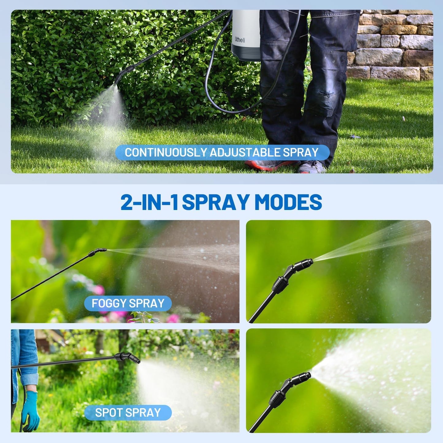 Litheli 20V Cordless Garden Sprayer, 1.3 Gallon/4.75L Pump Sprayer, Intelligent Pump Pressure Control, 2 Spray Modes for Spraying Plants, Garden Watering, with 2.0Ah Battery Included