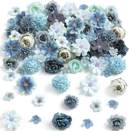 Faux Flower Heads Mini Blue Artificial Flower Heads Fake Peony Daisy Rose Flowers Multicolor Small Silk Daisy Flower Heads for Craft Garland Wedding Party DIY Home Decoration,2-4 cm