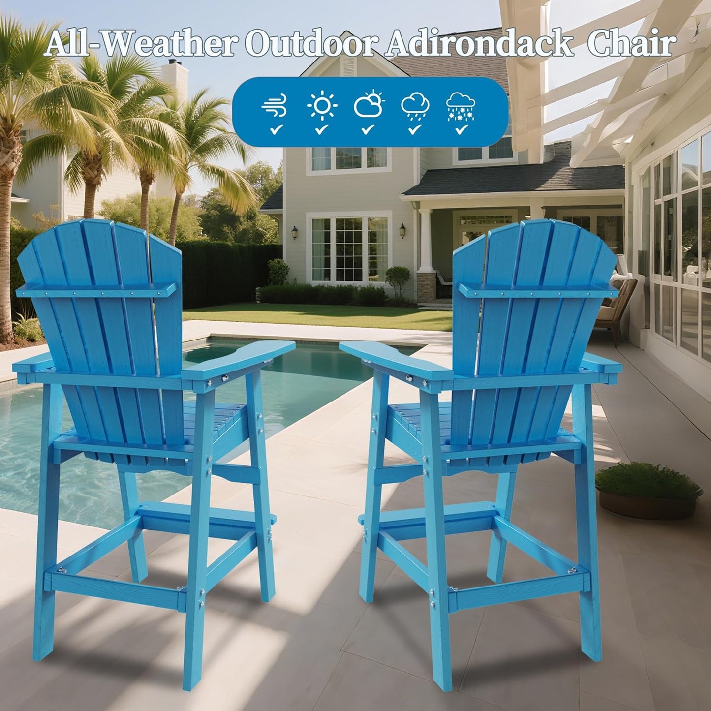 Tall Adirondack Chairs Set of 2, High Top Chairs, 360lb Capacity HDPE Adirondack Chair (Blue, Set of 2)