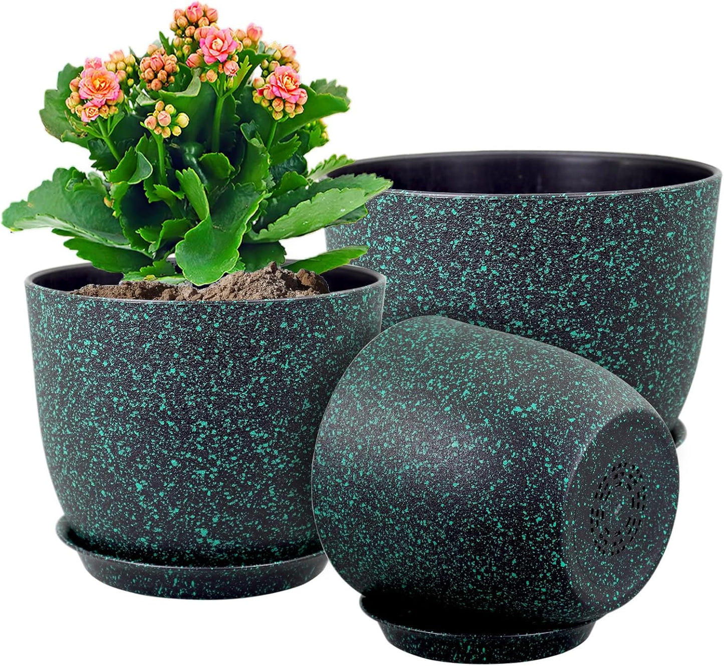 Plant Pots 10/9/8 inch, Set of 3 Modern Decorative Plastic Planters with Drainage Holes and Saucers for Garden House Plants, Flower Pots for Indoor Outdoor Plants, Black with Green Speckles