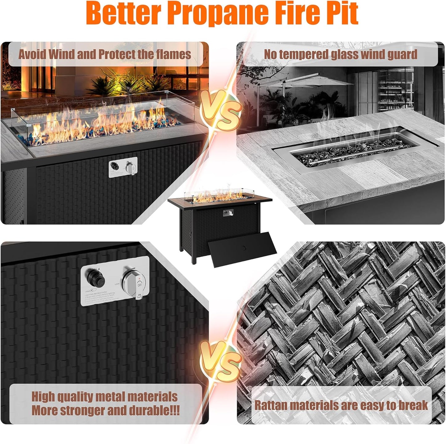 45 inch Outdoor Propane Fire Pit 50,000 BTU Gas Fire Pit Table with Lid, Glass Wind Guard, Waterproof Cover, Rectangle Gas Firepit Table for Garden/Patio, CSA Certification