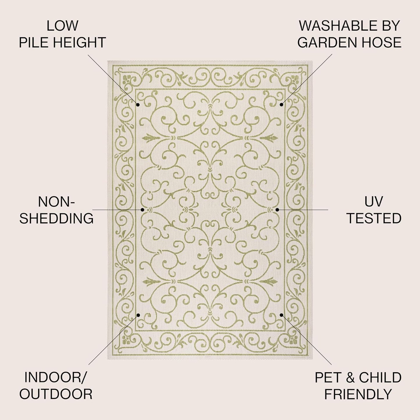 JONATHAN Y SMB106I-9 Charleston Vintage Filigree Textured Weave Indoor Outdoor Area Rug, Coastal,Traditional,Transitional Easy Clean,Bedroom,Kitchen,Backyard,Patio, Non-Shed, Cream/Green, 9 X 12