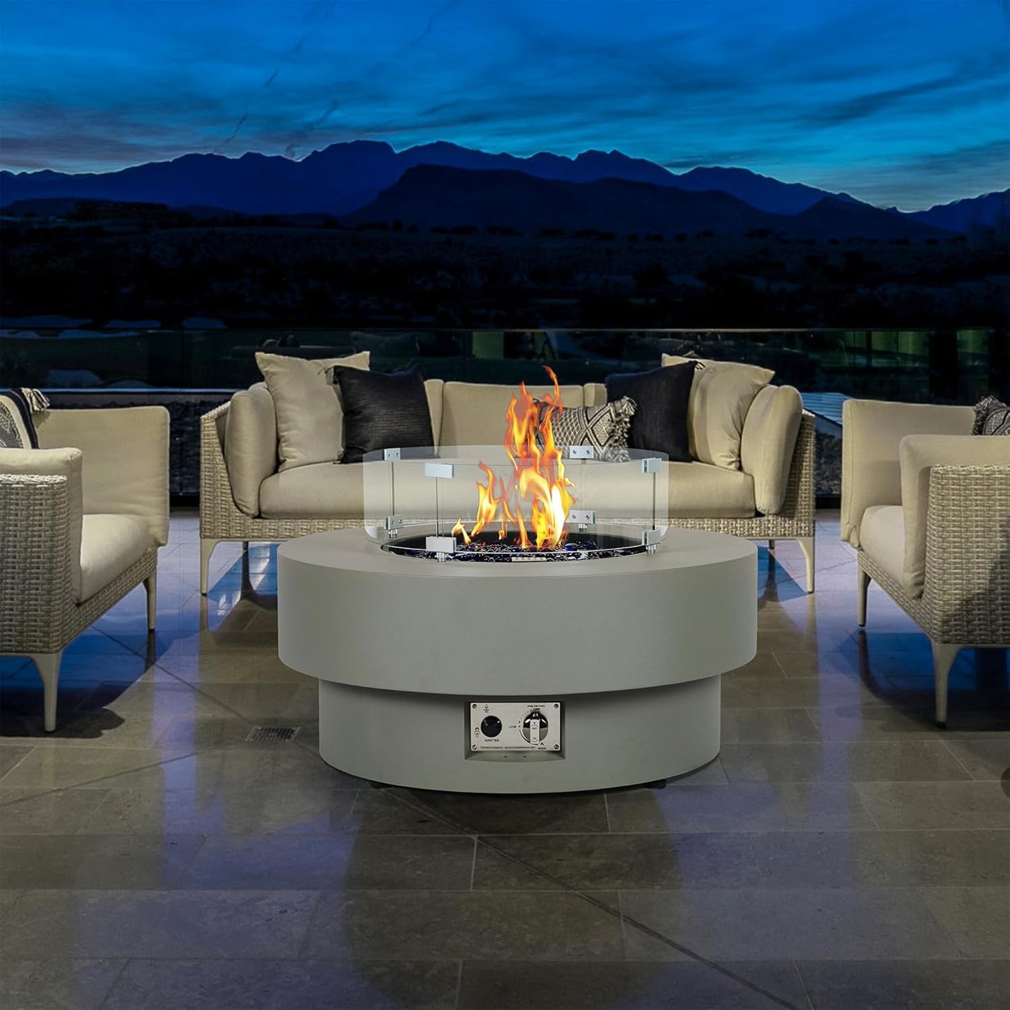 32.5-inch Outdoor Gas Fire Pit Table with Natural Gas Conversion Kit & Wind Glass Shield, 50,000BTU Propane Gas Fire Pits for Outside Patio w/Round Burner Lid, Glass Rocks, Cover