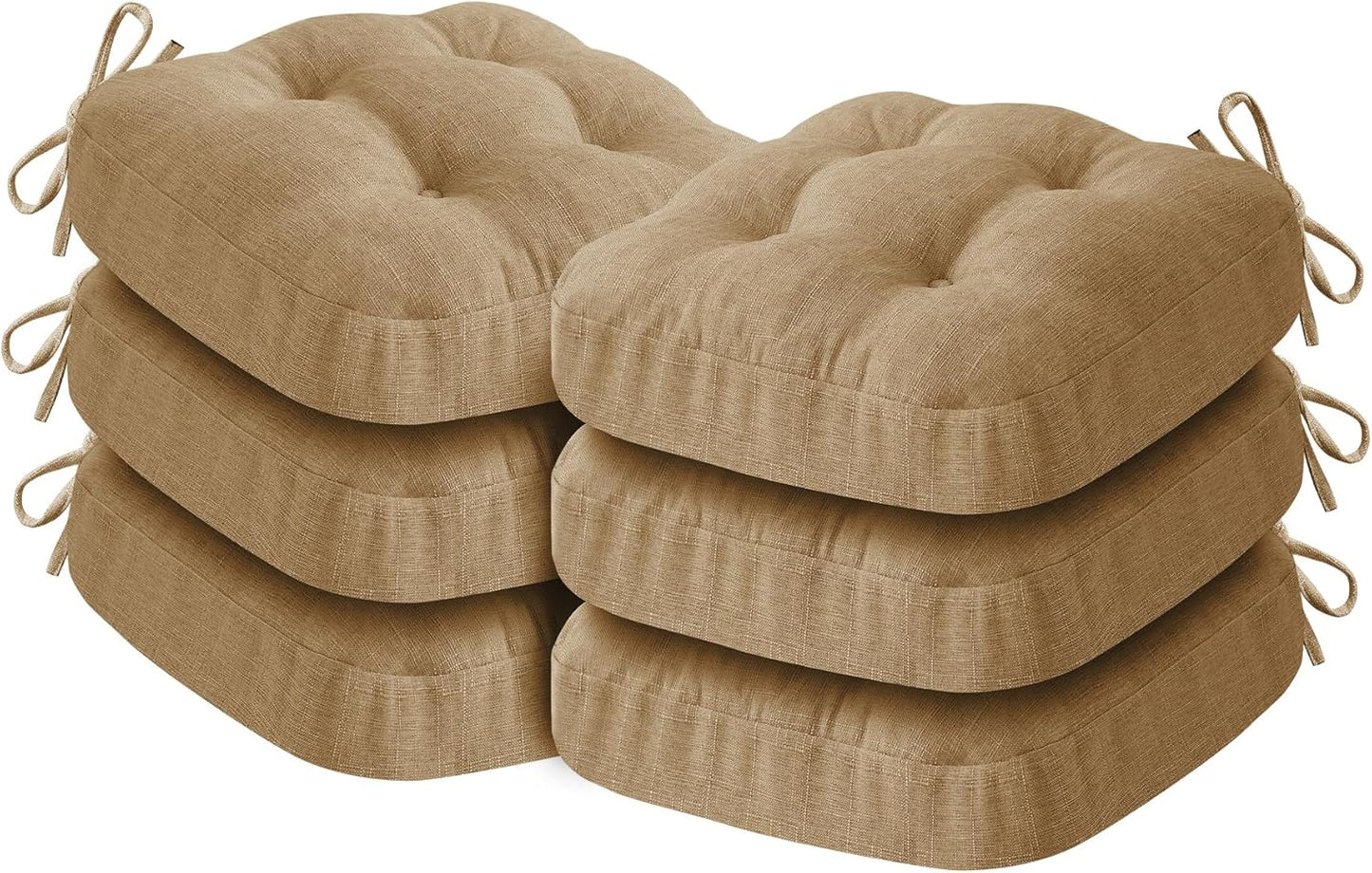 Chair Cushions for Dining Chairs, Dining Chair Cushions, Tufted Indoor Chair Pads with Ties & Non Slip Backing, Seat Cushions for Kitchen Chairs 16.5” x 16.5” x 3.5”, Set of 6, Khaki