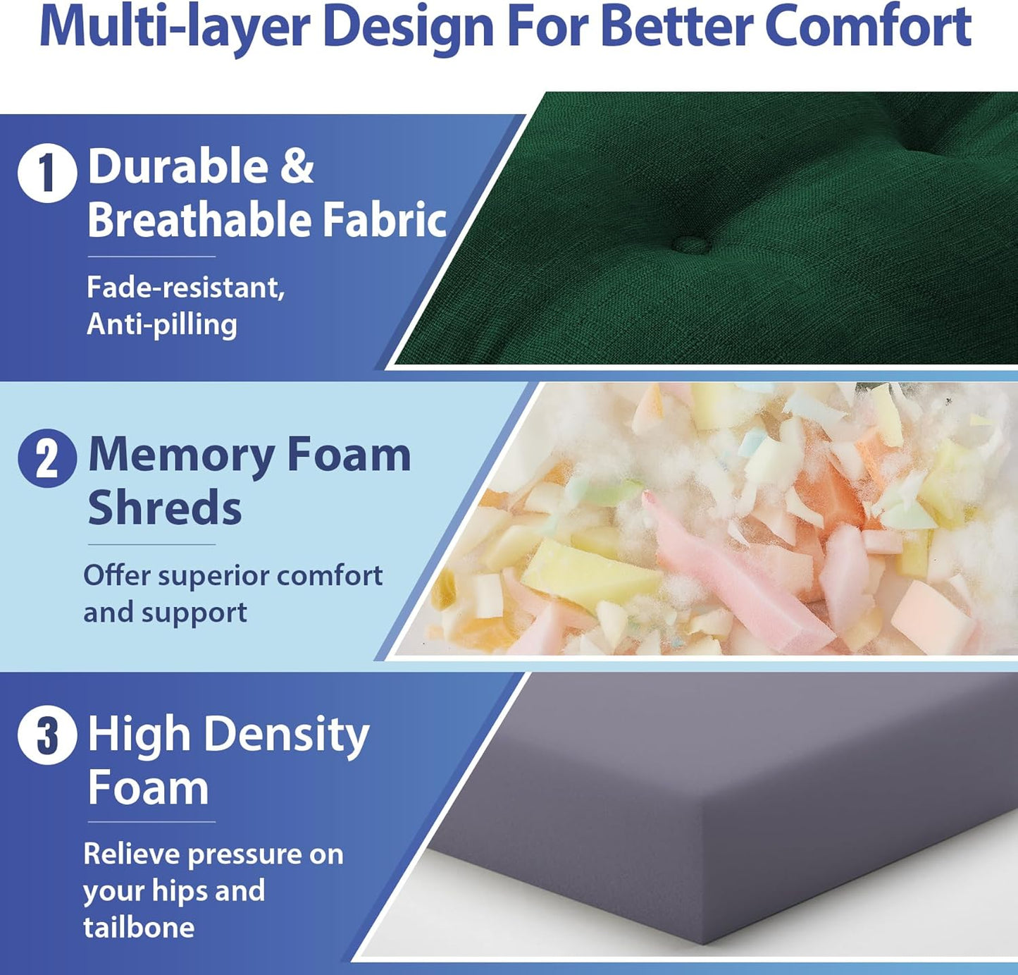 Chair Cushions for Dining Chairs, Dining Chair Cushions, Tufted Indoor Chair Pads with Ties & Non Slip Backing, Seat Cushions for Kitchen Chairs 16.5” x 16.5” x 3.5”, Set of 4, Green