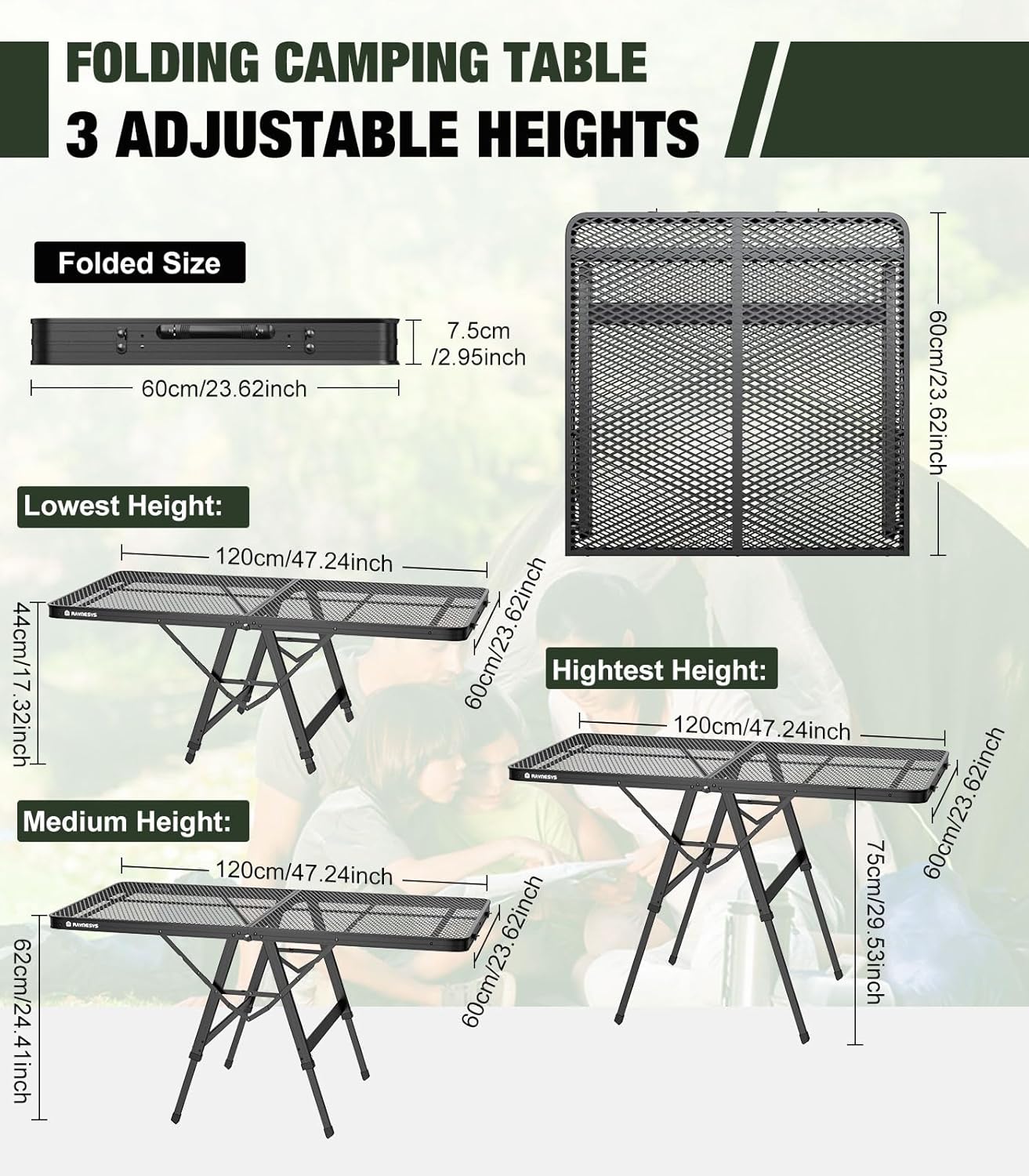 Foldable Grill Table with Mesh Desktop, 200lbs 4Ft Portable Folding Table, Height Adjustable Metal Table for Ourdoor, Camping, Picnic, BBQ and Beach, RV, 47.24" L x 23.62" W