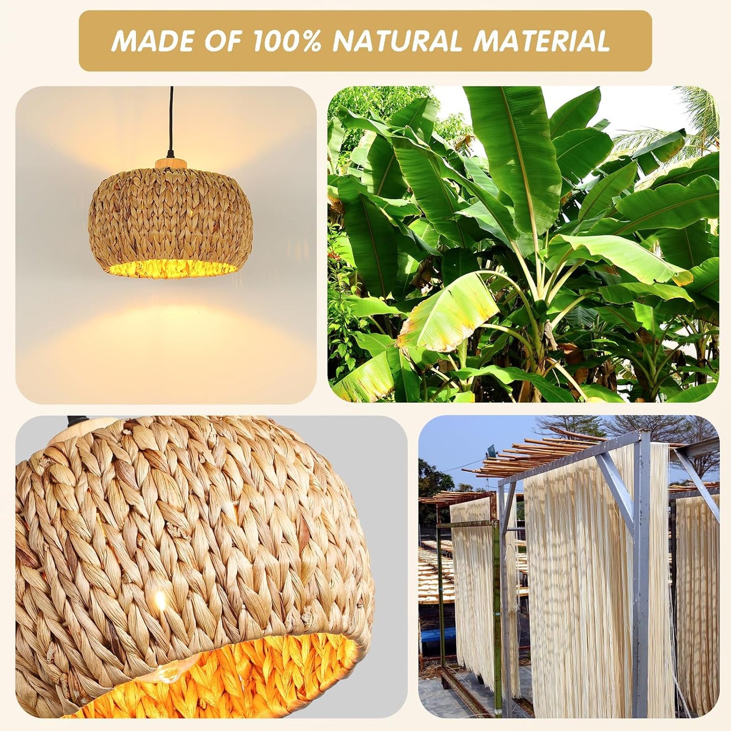 Boho Pendant Lights Kitchen Island, 11.8" Bohemian Rattan Hand-Woven Light Fixture Natural Seagrass Weaving Lighting Hanging Ceiling Chandelier for Restaurants Living Dining Room Farmhouse