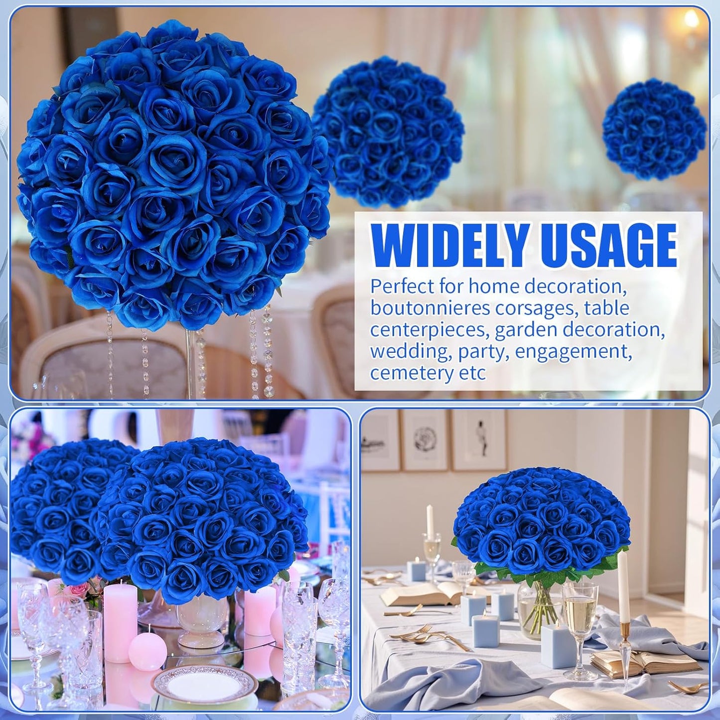 36 Pcs Royal Blue Artificial Roses with Long Stems, Blue Fake Silk Rose Artificial Flowers Bulk for Bridal Wedding Bouquet Centerpiece Ball Arrangement Party Decor