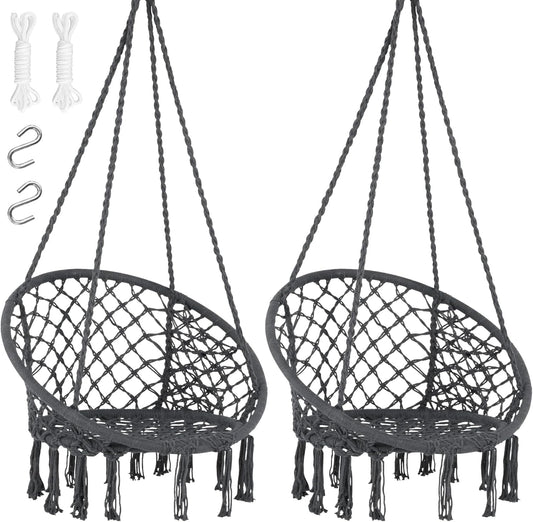 SUNCREAT Hammock Chair Hanging Macrame Swing with Hardware Kits, Max 330 Lbs, Handmade Knitted Mesh Rope Swing Chair for Indoor, Outdoor, Bedroom, Patio, Yard, Garden, Pack of 2, Grey