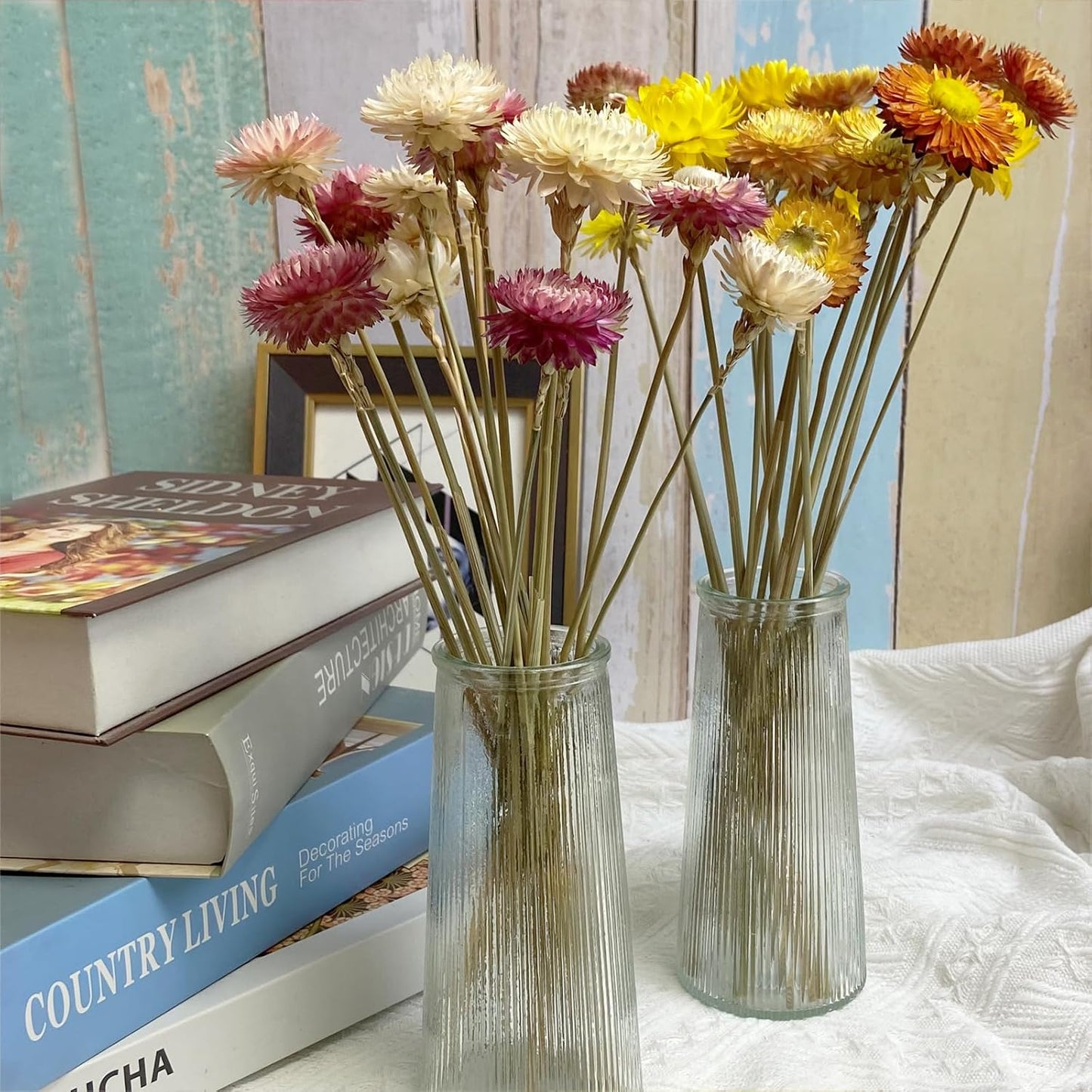 L'BREVOGA Dried Flower Bouquets, 16 pcs 100% Natural Daisy Strawflower for Decoration Home Party - Pink & White