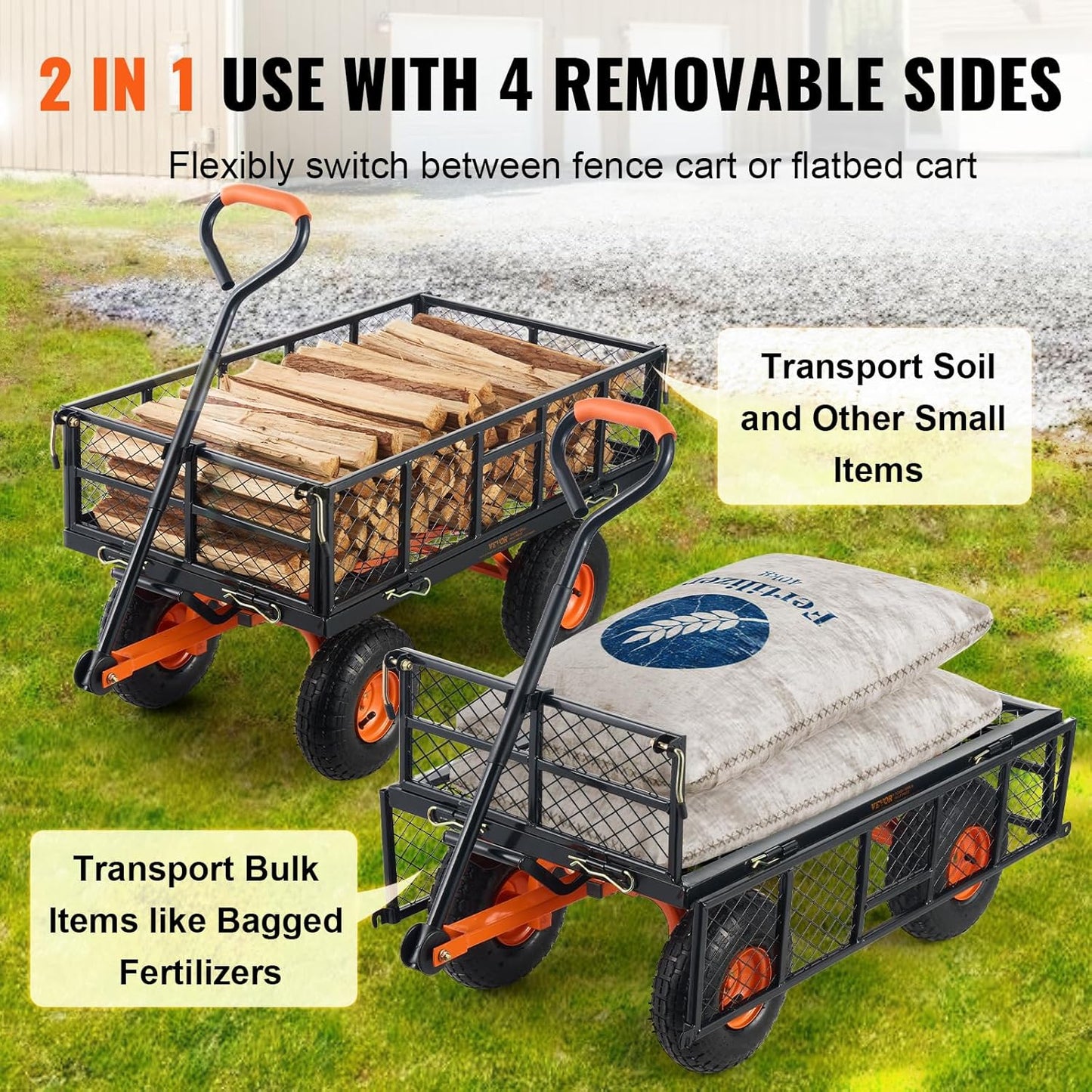 VEVOR 400lbs Steel Garden Dump Cart, Heavy Duty Garden Wagon Yard Dump Wagon with Removable Sides, Convert to Flatbed, Utility Liner, 10in All Terrain Wheels