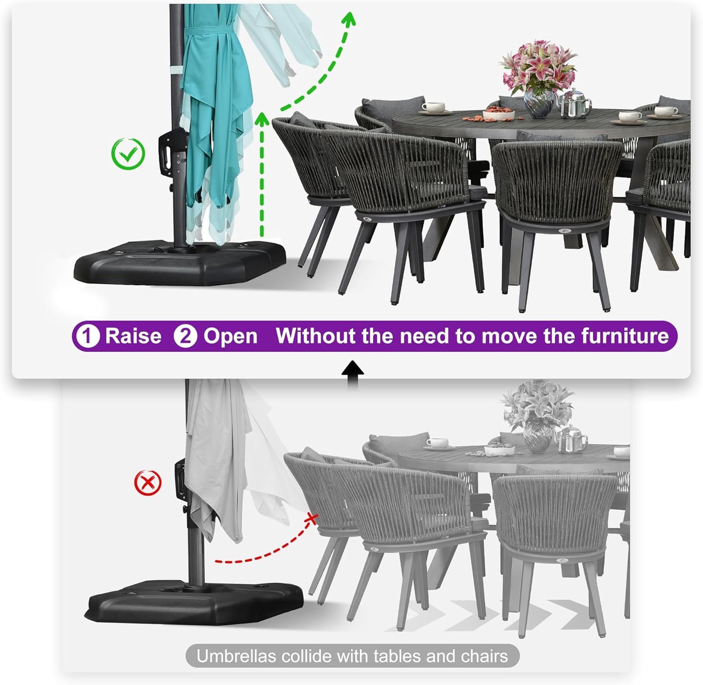 PURPLE LEAF 11.5' X 11.5' Telescopic Patio Umbrella Outdoor Cantilever Umbrella Square Up Down Lifting Offset Umbrella with 360-degree Rotation for Garden Deck Pool Patio Turquiose