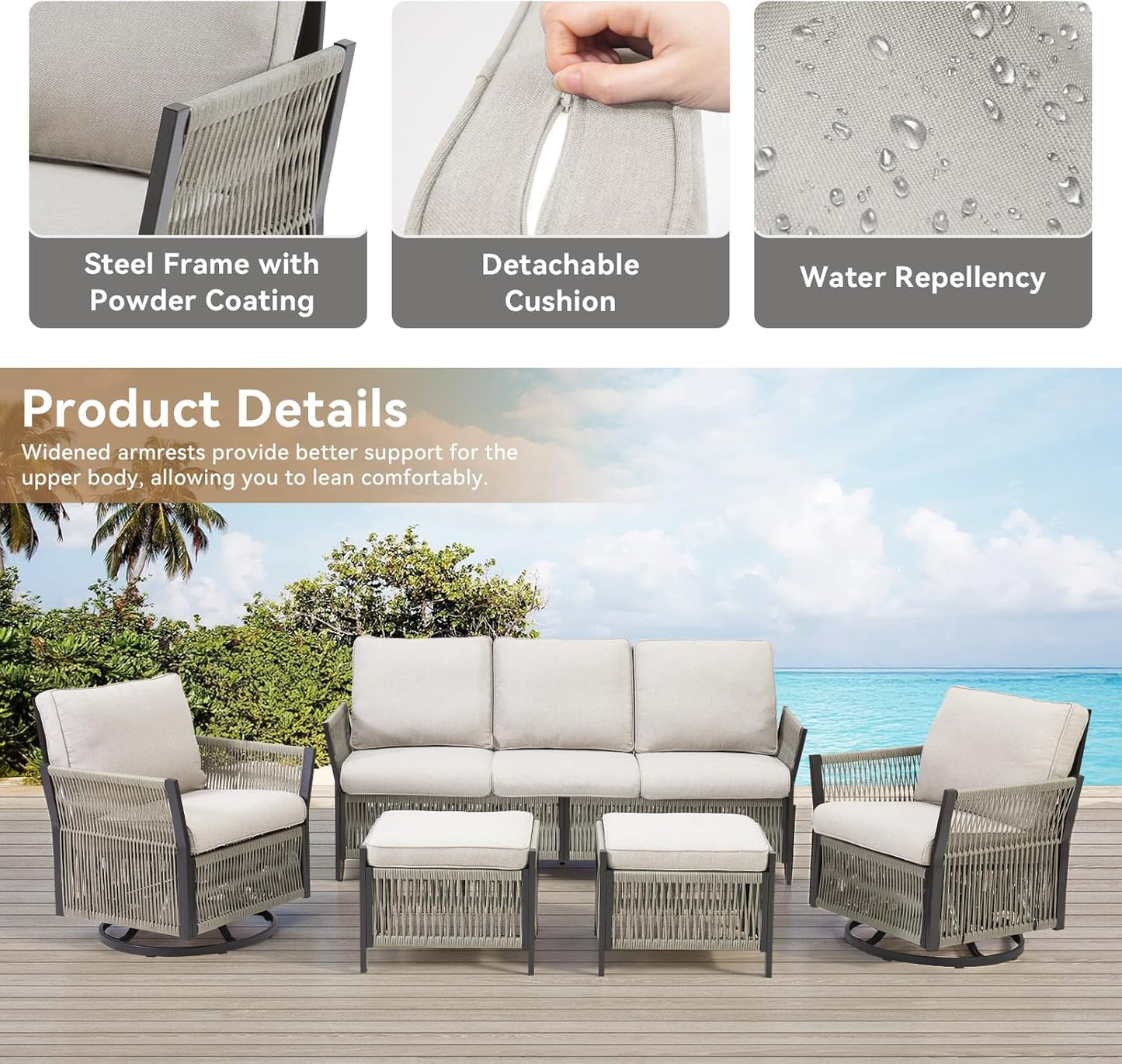 Patio Furniture Wicker Outdoor Conversation Set, 6-Piece All Weather Patio Furniture Rattan 2 Sofa Sets w/Swivel Rocking Chairs & Ottomans, Side Table for Backyard, Balcony, Deck - Beige