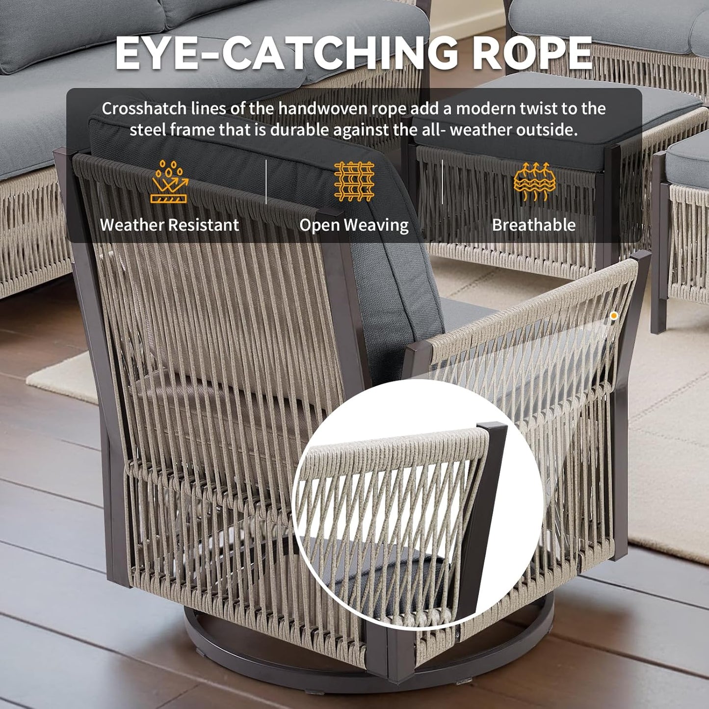 Patio Furniture Wicker Rope Outdoor Conversation Set, 9-Piece All Weather Patio Furniture Rattan Sofa Sets w/Swivel Rocking Chairs & Ottomans, Side Table for Backyard, Balcony, Deck, Gray