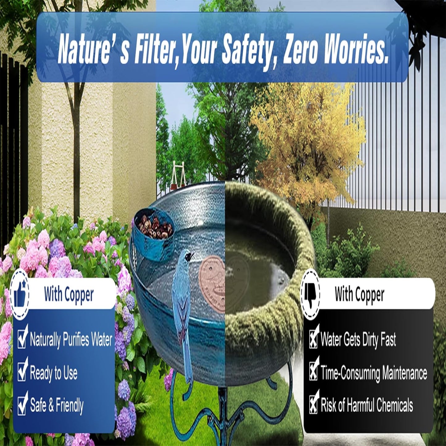 2-Pack 99.99% Pure Copper Bird Bath Purification Disk,Copper Disc with Stable Triple-Point Support,Fits All Outdoor Bird Baths(Heart-Shaped)