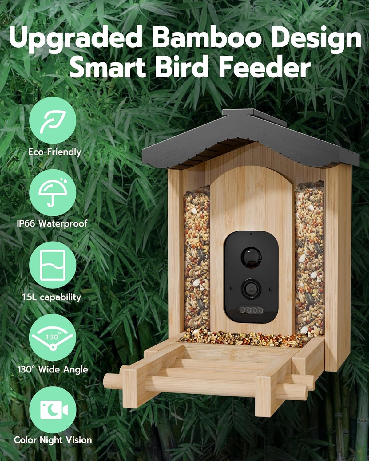 Bird Feeder with Camera, Smart Bird Feeder for Outdoors, Wild Birds Feeders with Solar Panel Bamboo Birds House Camera for Birdlovers, AI Auto Capture Birds & Real-time Notification (Gable)