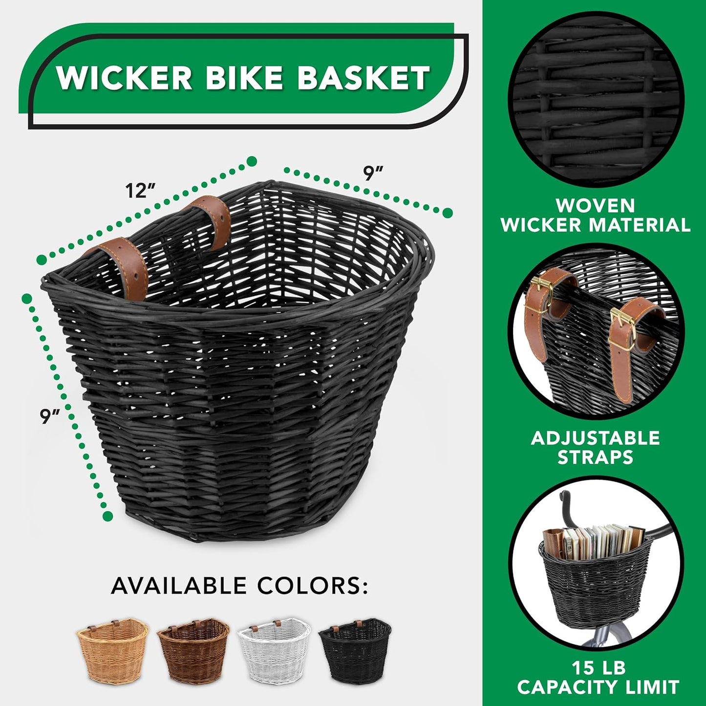 ProSource Wicker Bike Basket Front Cargo for Women and Men, Fits Most Bikes, Beach Cruiser, Stationary Bike, Ebike, Road Bike, Black