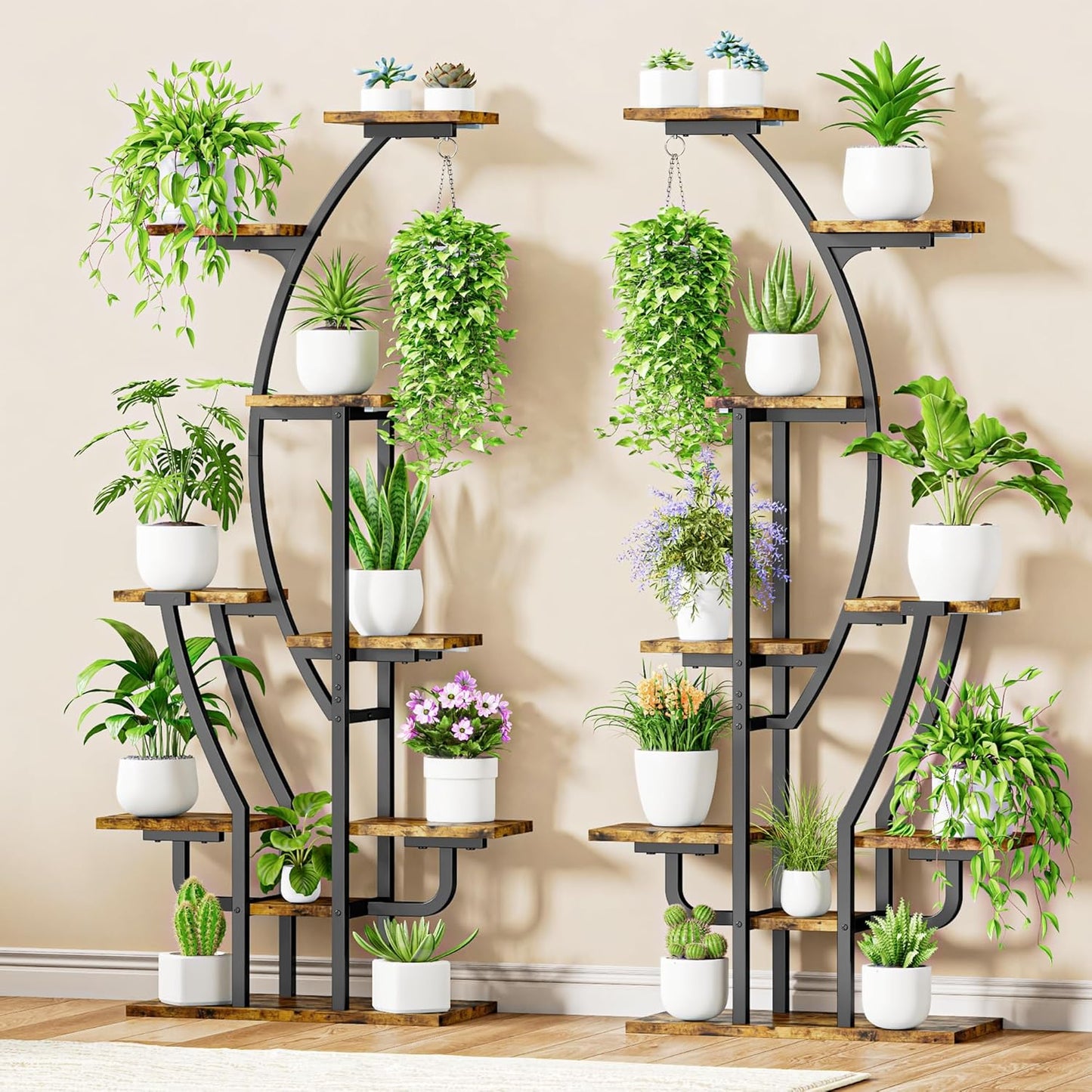 IRONCK Plant Stand Indoor with Grow Lights, 9 Tiered Indoor Plant Shelf, 62" Corner Plant Stands for Indoor Plants, Metal Plant Flower Display Shelves, Moon-Shaped Plant Rack for Home, Patio, Black