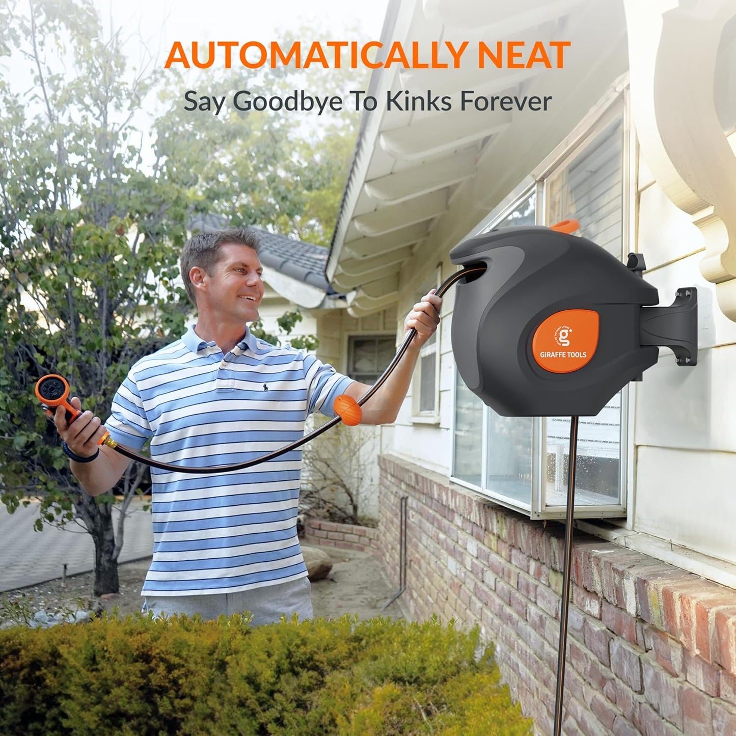 Giraffe Tools BW35 Retractable Garden Hose Reel | Wall-Mounted, Automatic Rewind, 100ft 1/2" Hose with 9-Pattern Spray Nozzle | Outdoor, Lawn, Garden & Car Cleaning Use
