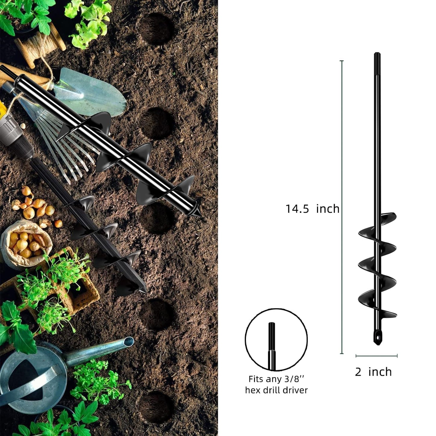 Garden Auger Drill Bit for Planting 2x14.5, Spiral Ground Auger Drill for 3/8" Hex Drive Drill, Bulb and Flower Planter Tool
