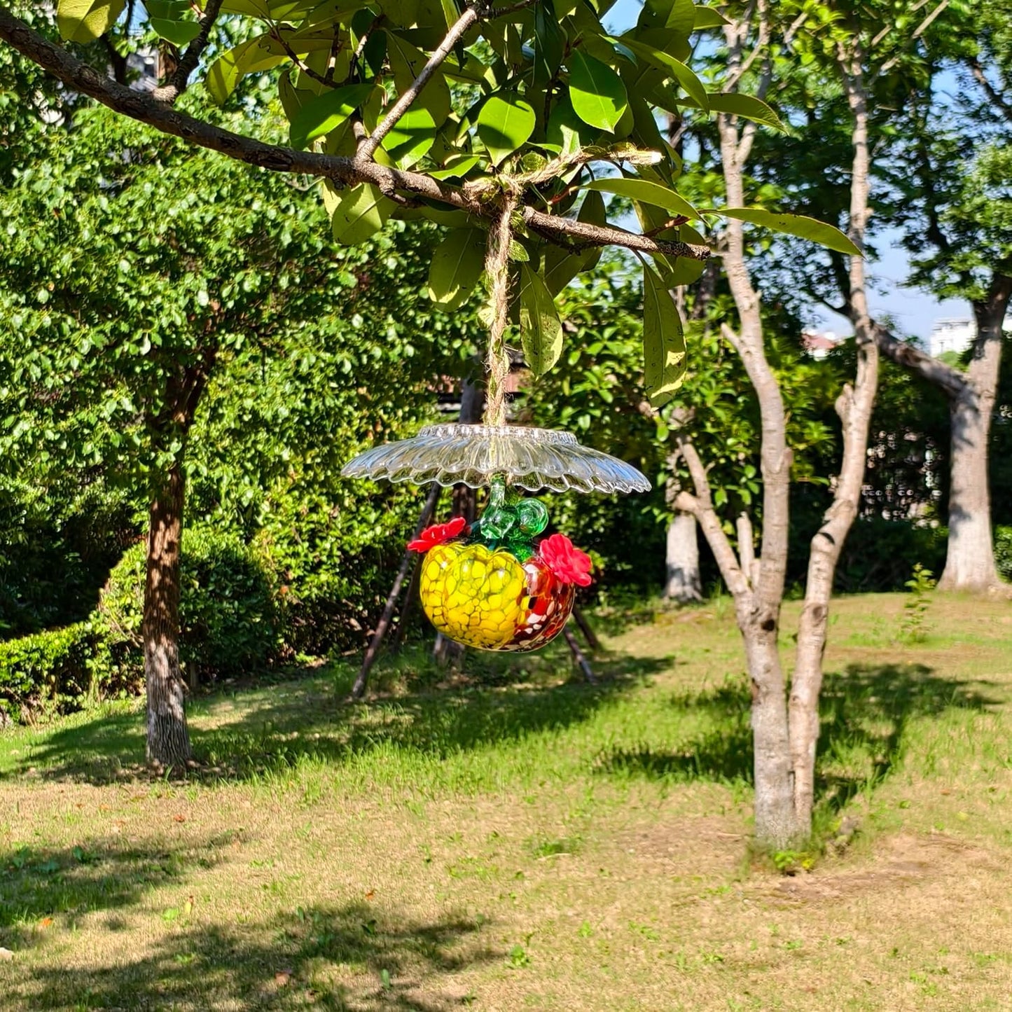 Small Glass Hummingbird Feeders for Outdoors Hanging + Rain Cover - Hand Blown Glass Pumpkin Nectar Feeding, 2 Flowers Feeding Ports, Decor for Garden/Backyard Outside, Multi Color