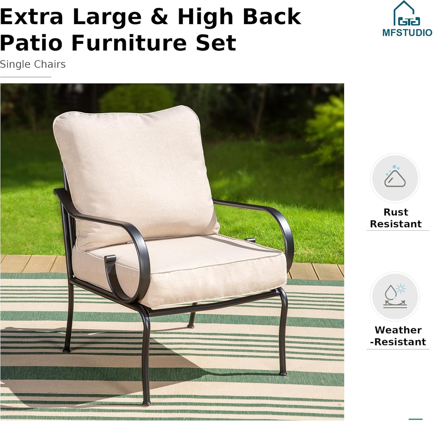 MFSTUDIO 7 Seats Large Metal Patio Conversation Sets, 5 Pieces Outdoor Furniture Sofa with 2 Fixed Chairs, 1 Sofa(3-seat), 1 Loveseat and Table for Outside Balcony Backyard Poolside