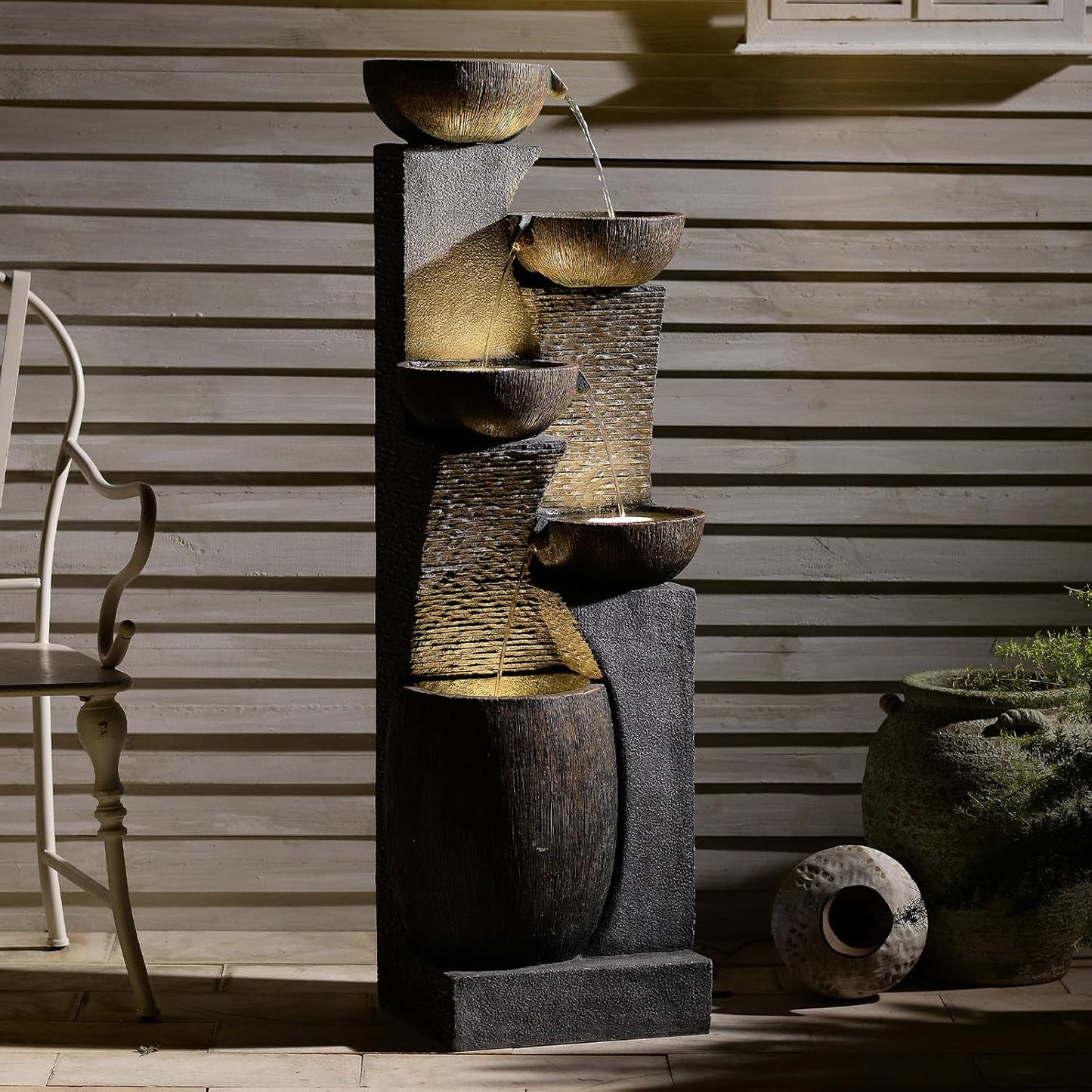 51.4" H Outdoor Garden Water Fountain for Garden, Patio, Backyard, Deck, Porch and Home Art Decor, 5 Tiers Modern Cascading Large Outdoor Fountain with Lights