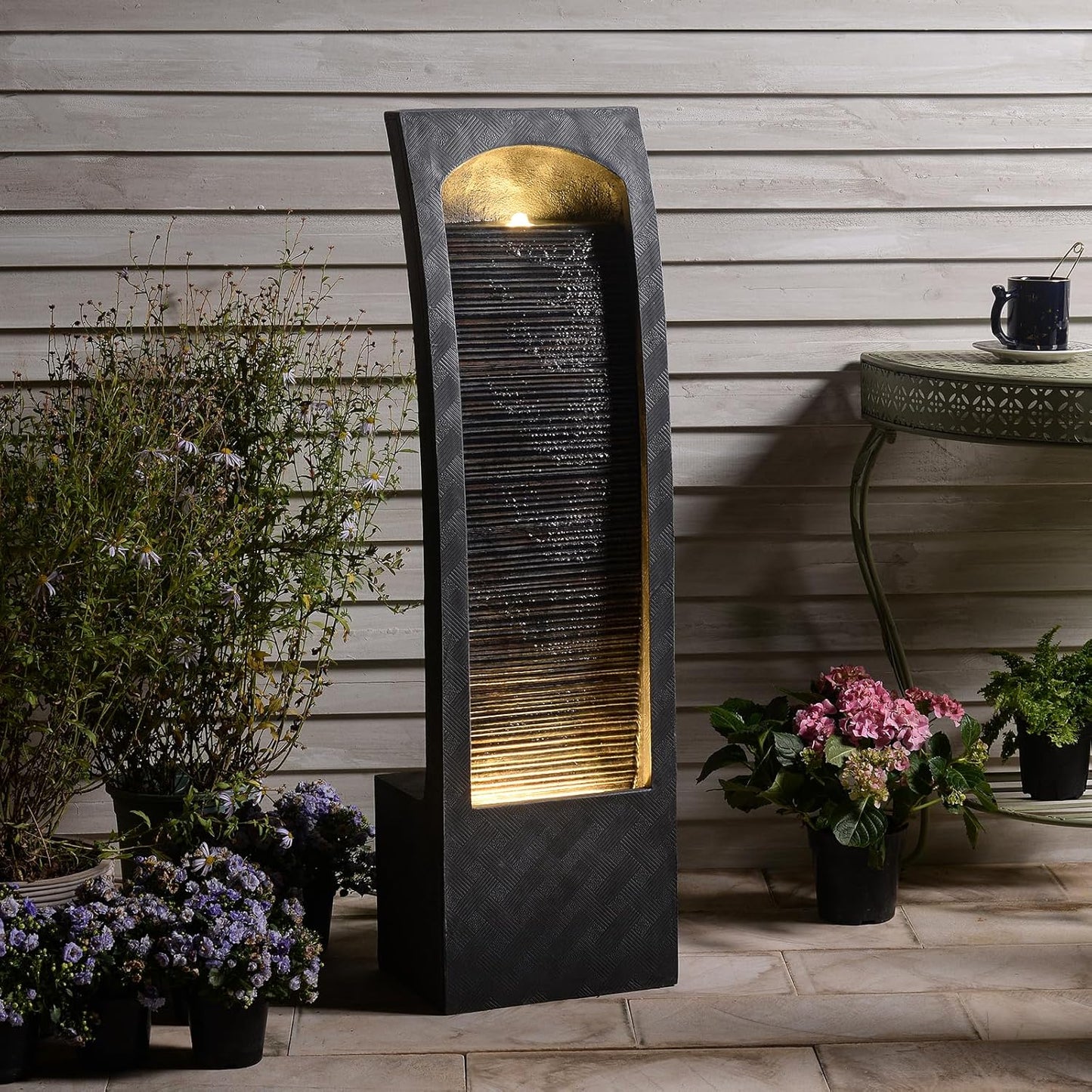 Indoor Water Fountain Curved Faux Slate Outdoor Waterfall Fountains Floor Standing Tiered Rock with LED Lights and Pump for Garden, Backyard, Deck, Patio, Porch and Home Art Decor
