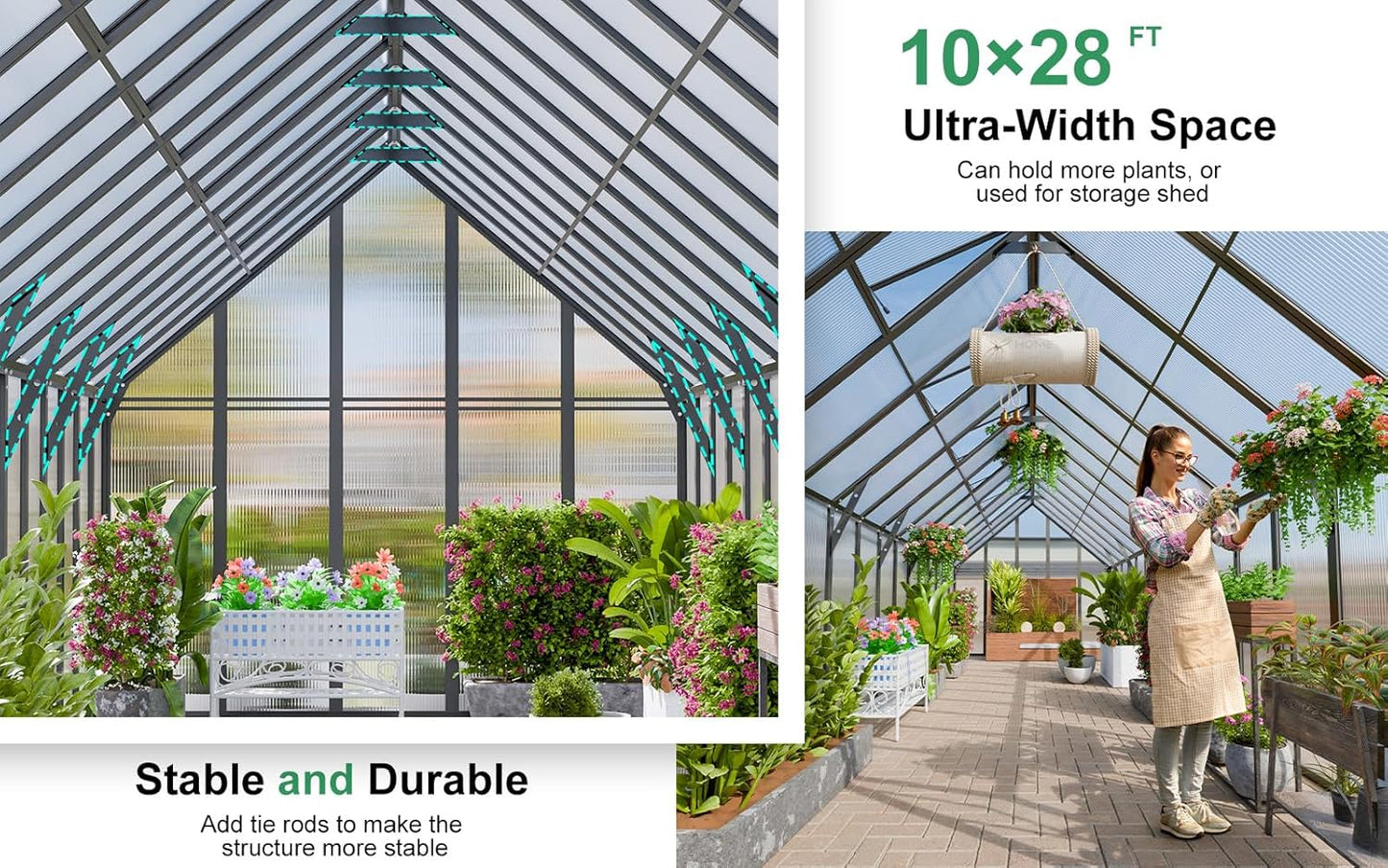 CDCASA 10x28 FT Greenhouse for Outdoors,Large Easy Assembly Thicker Aluminum Polycarbonate Greenhouses w/6 Windows, Double Door, Walk-in Green House for Outside,Patio,Backyard,Garden