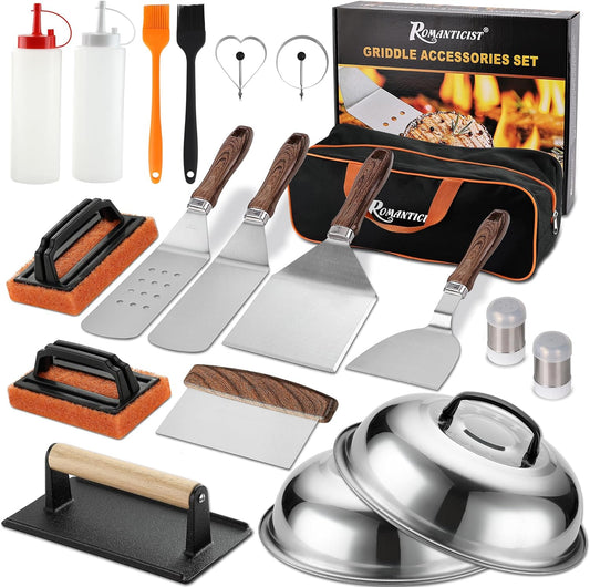 ROMANTICIST 19PCS Griddle Accessories Set - Flat Top Teppanyaki Spatula Set with Scraper, Basting Cover for Camp Chef- Home Cooking Griddle and Outdoor BBQ Gifts for Christmas