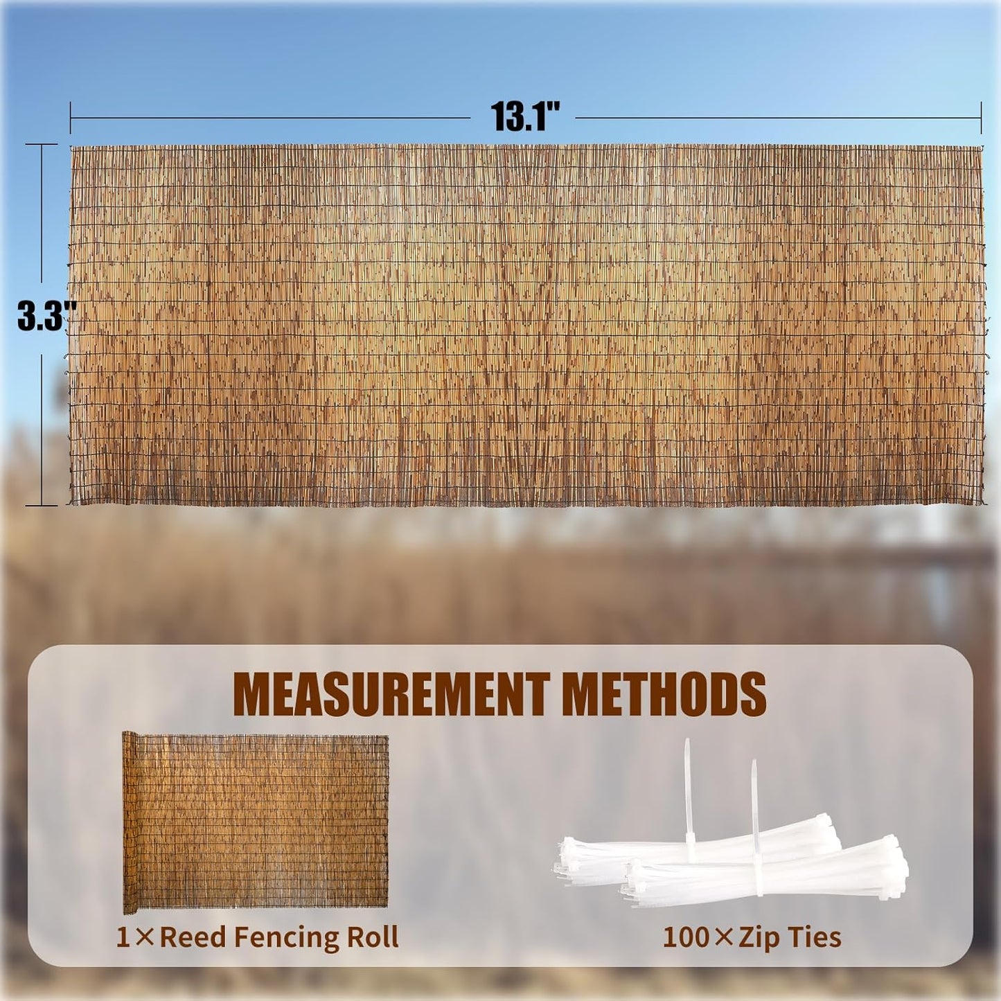 Natural Reed Fencing, Eco-Friendly Reed Fence, 3.3 feet High x 13.1 feet Long, Reed Screen for Backyard Patio Garden and More,Brown