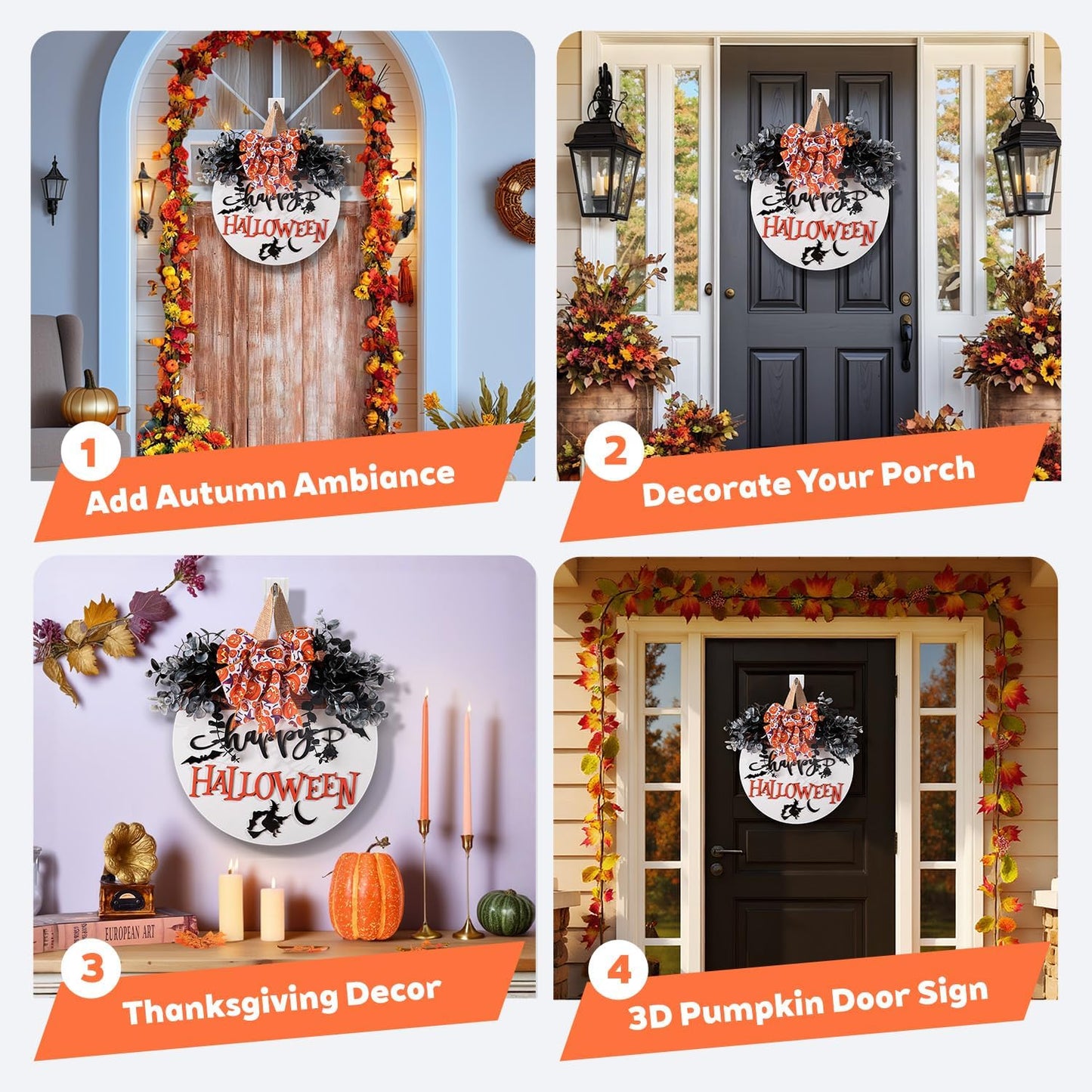 Halloween Door Hanger Sign Wooden Welcome Decor with Bat - Fall Wreaths for Front Door Hanging Decorations for Happy Halloween Party Indoor Outdoor Wall Decor Supply