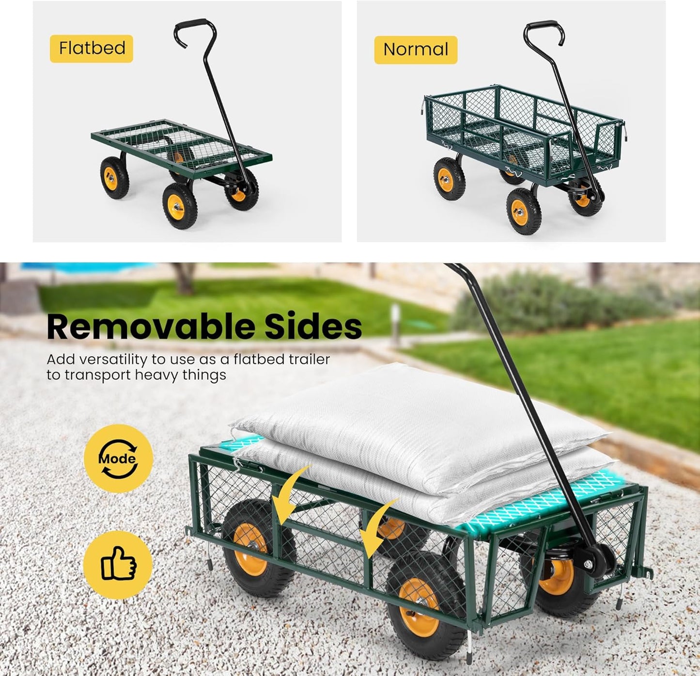 VIVOHOME Heavy Duty 550 Lbs Capacity Mesh Steel Garden Cart Folding Utility Wagon with Removable Sides (Green)