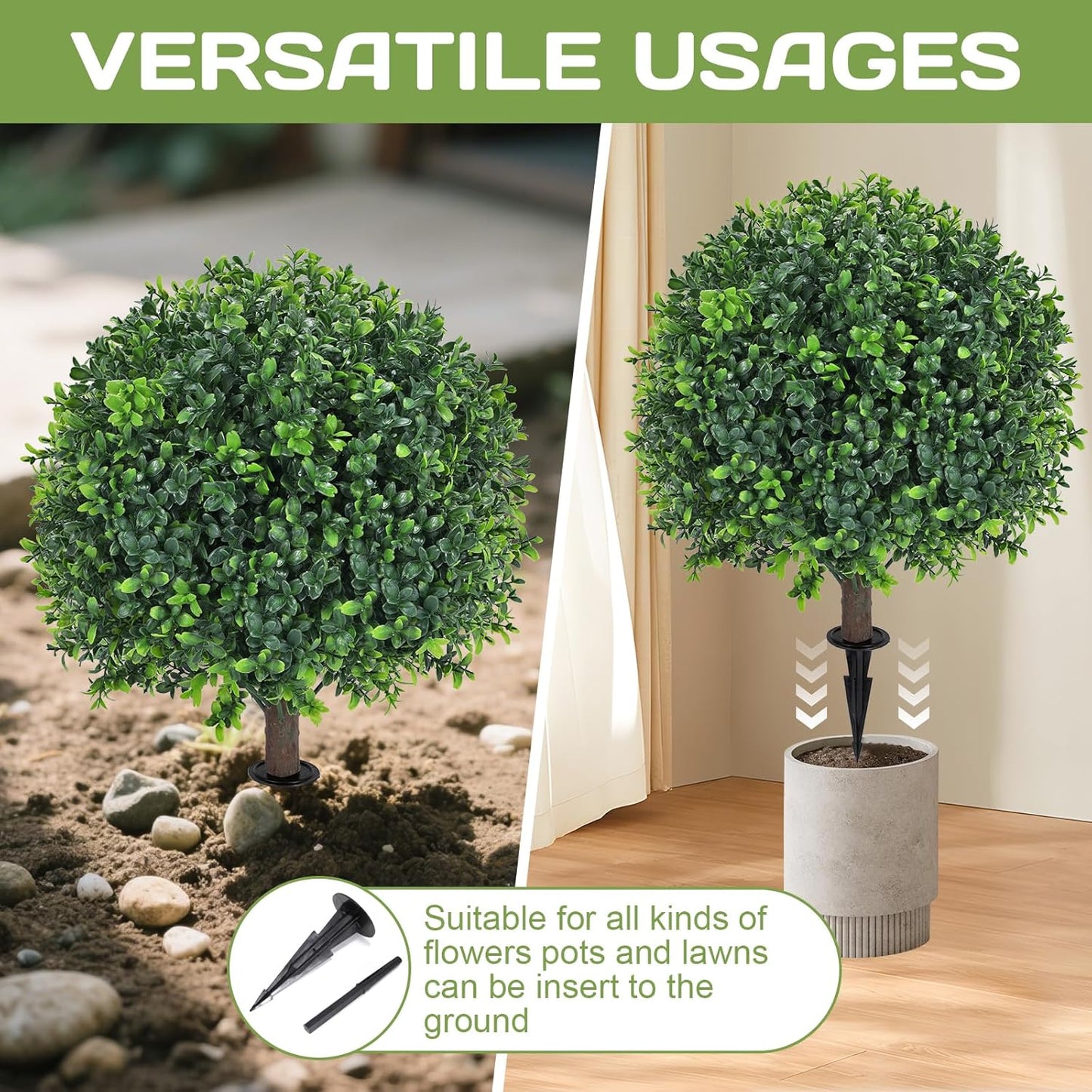 Artificial Boxwood Topiary Ball Tree 24" with Ground Spike, Set of 2 Artificial Boxwood Bushes for Faux Shrubs, Fake Evergreen Faux Plant for Indoor Outdoor Porch Garden- UV Resistant – Fade-Proof