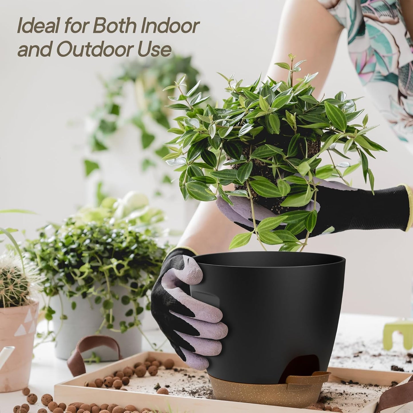 Black Hanging Self Watering Pots with Macrame Black Rope, 3 Pack Indoor & Outdoor Hanging Plant Pots with Built-in Reservoir, Wick Rope, Drainage Holes & Hooks, Stylish Boho Decor Hanging Planter