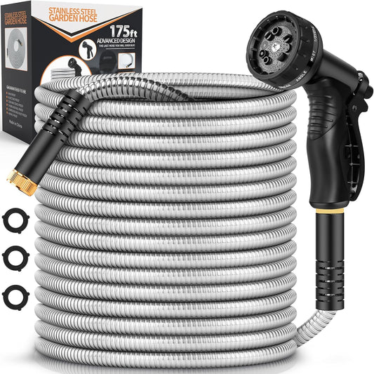 Garden Hose Metal 175FT, Stainless Steel Heavy Duty Water Hose With 10 Function Nozzle, No-Kink, Tough & Flexible, Sturdy and Lightweight, Rust Proof for Yard, Outdoor, RV