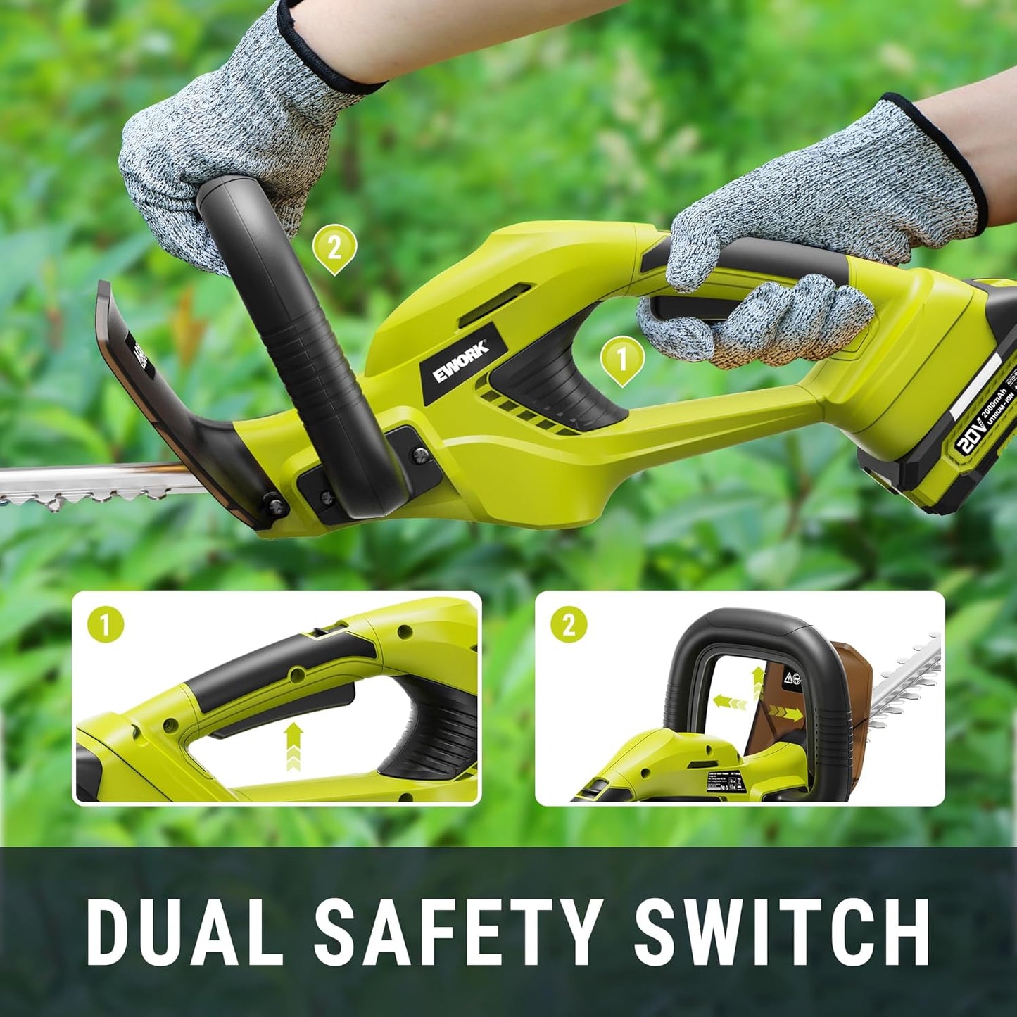 EWORK Hedge Trimmer Cordless 22-Inch Electric Bush Trimmer, 5/8" Cutting Capacity, 20V Battery Powered Lightweight Handheld Shrub Trimmers with Battery and Charger for Garden, Yard